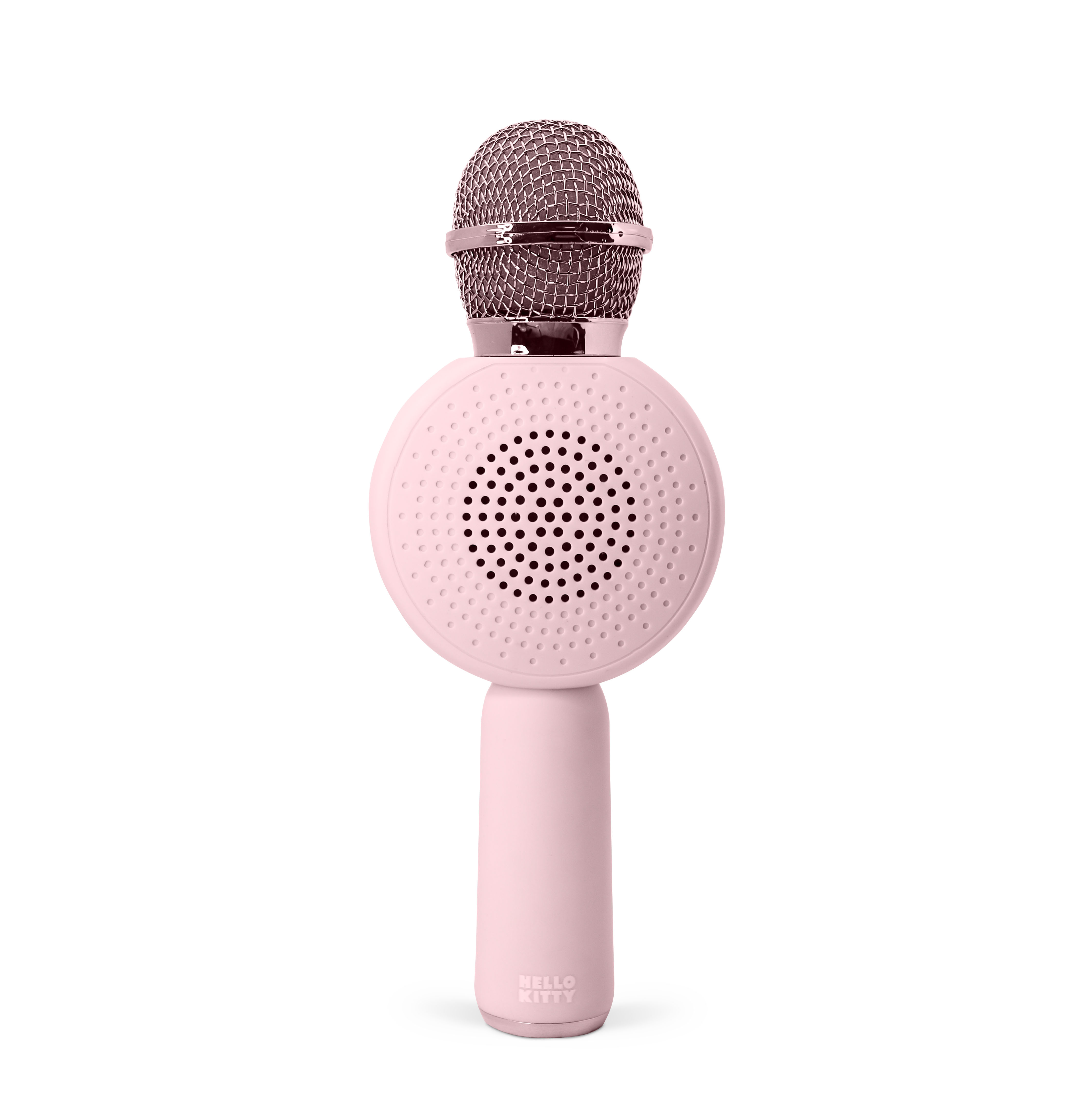 A pink Hello Kitty microphone speaker with a mesh top and perforated design.