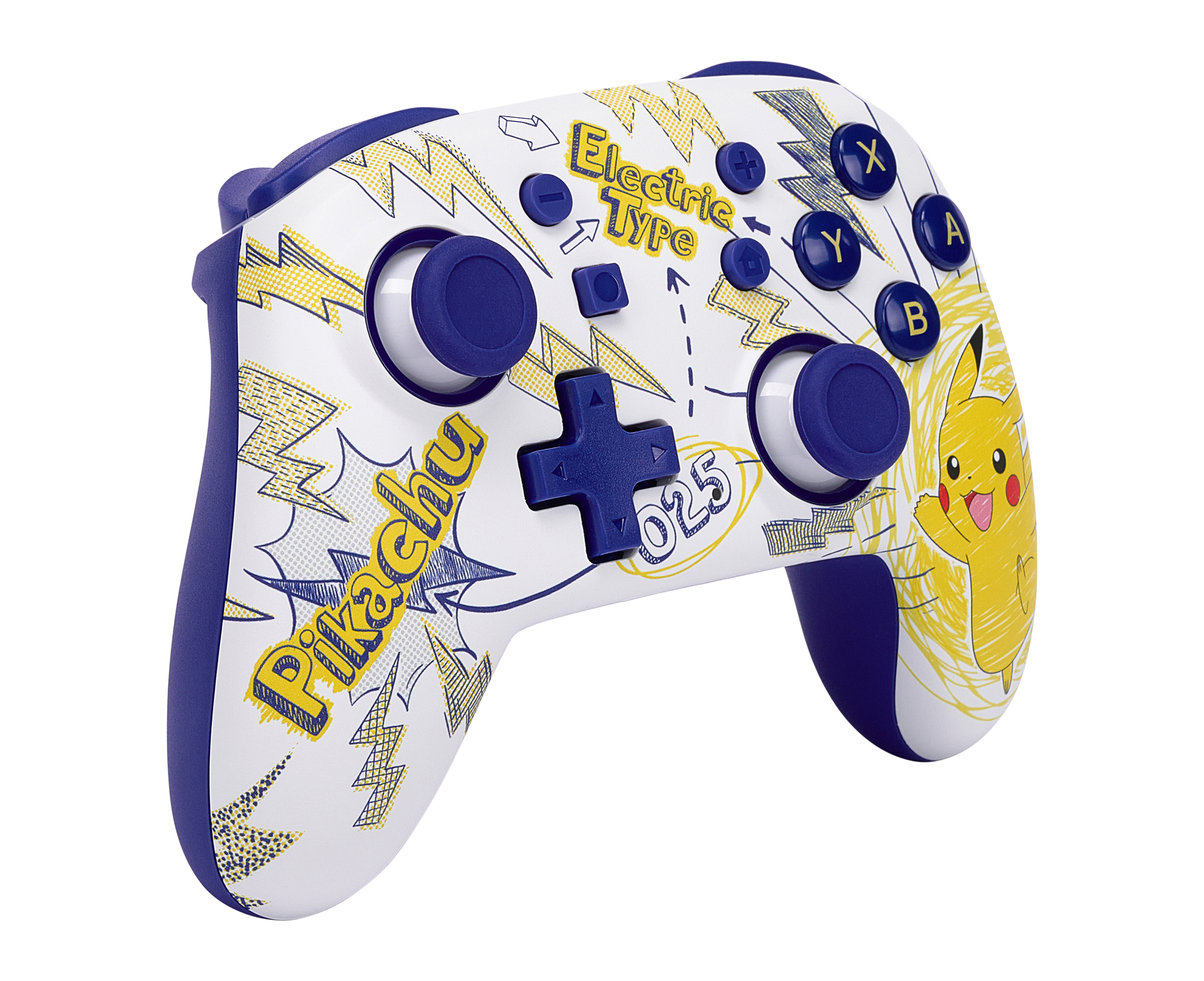 Un controller bianco con design Pikachu, accenti blu e motivi a fulmine.