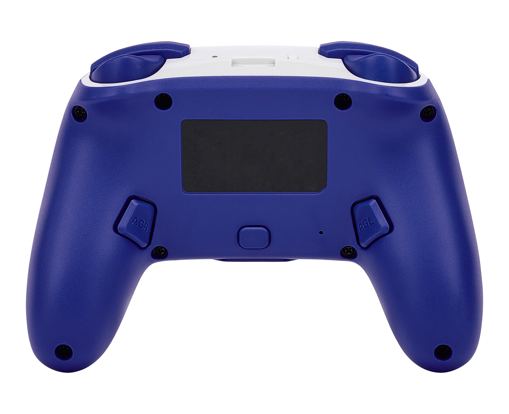 Un controller di gioco blu e bianco con pulsanti neri e schermo nero.