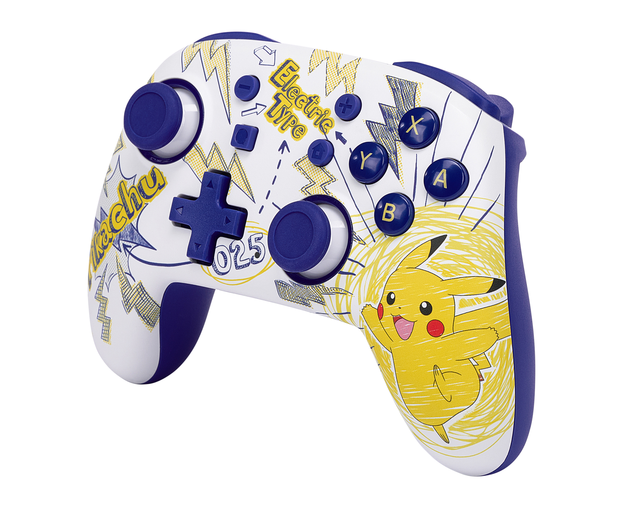 Controller bianco con accenti blu e grafica Pikachu. Motivi a fulmine e onde.