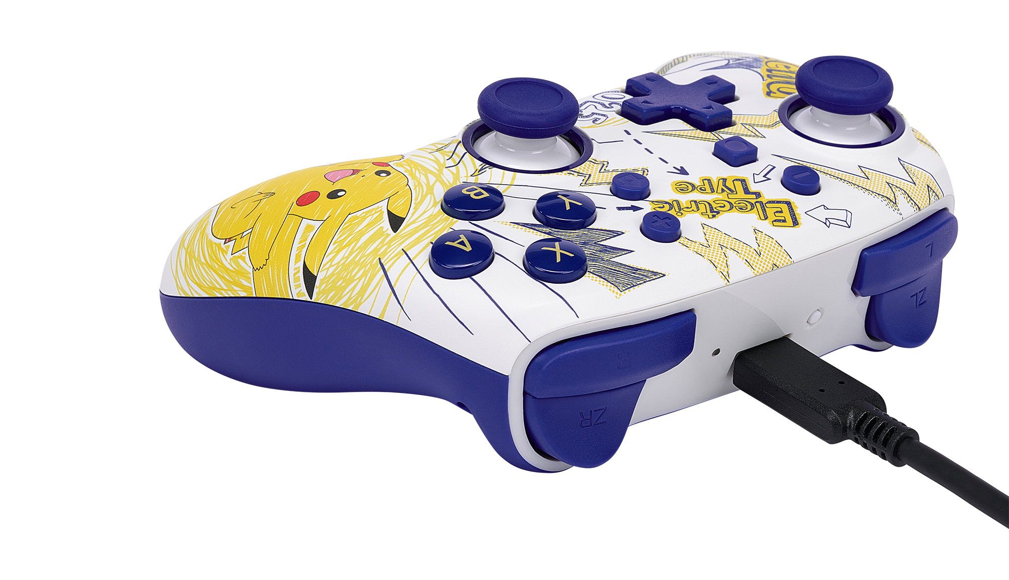 Un controller di gioco bianco e blu con design Pikachu e cavo nero.