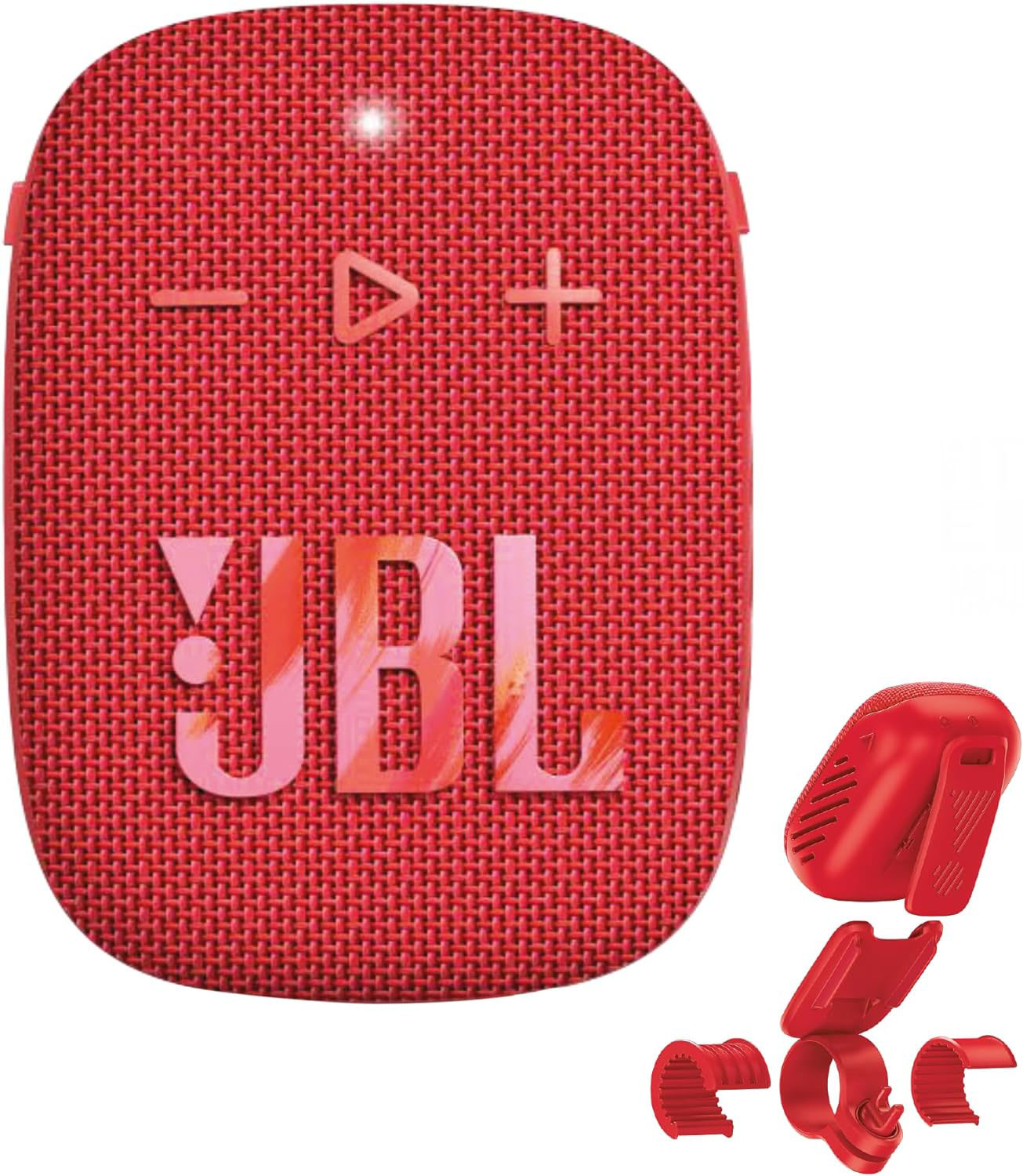 Un altoparlante JBL Clip 4 rosso con parti accessorie.