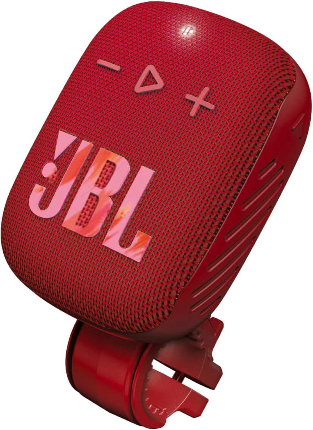 Altoparlante JBL rosso con controlli e logo argentati.