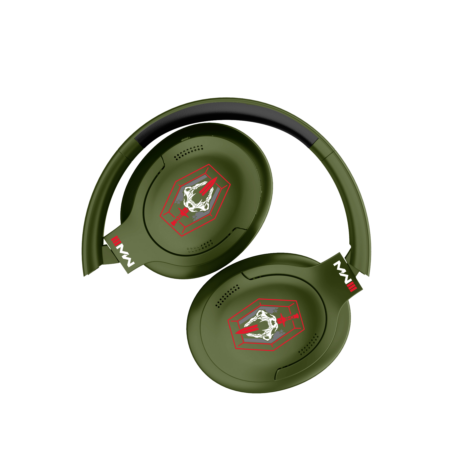 Cuffie verdi con emblema rosso e logo MWIII su sfondo bianco.