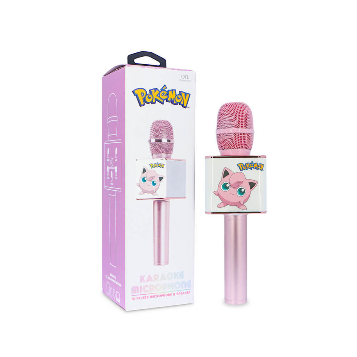Un microfono karaoke Pokémon rosa con Jigglypuff, accanto alla sua confezione.
