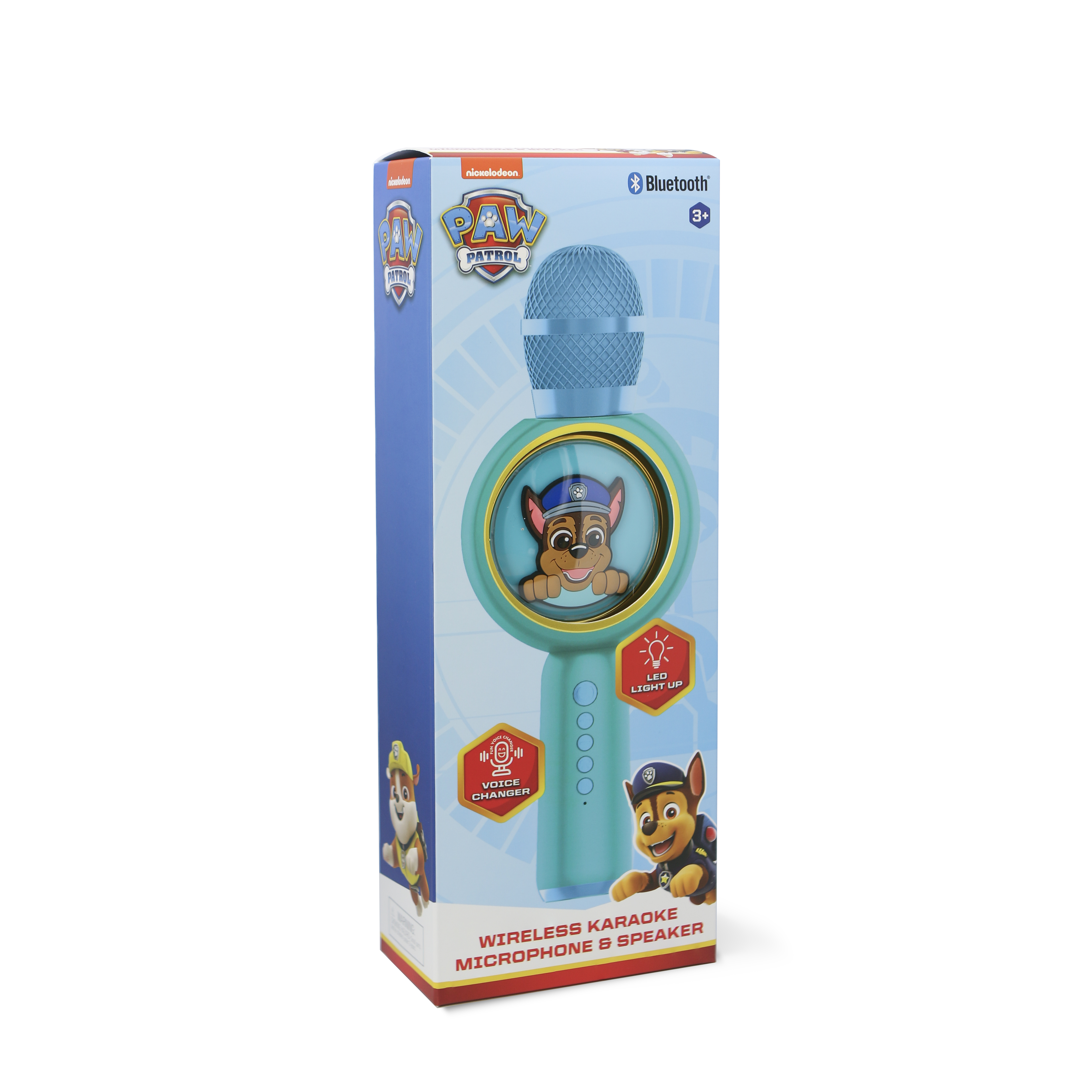 Paw Patrol karaoke microphone packaging featuring Chase and LED light-up.