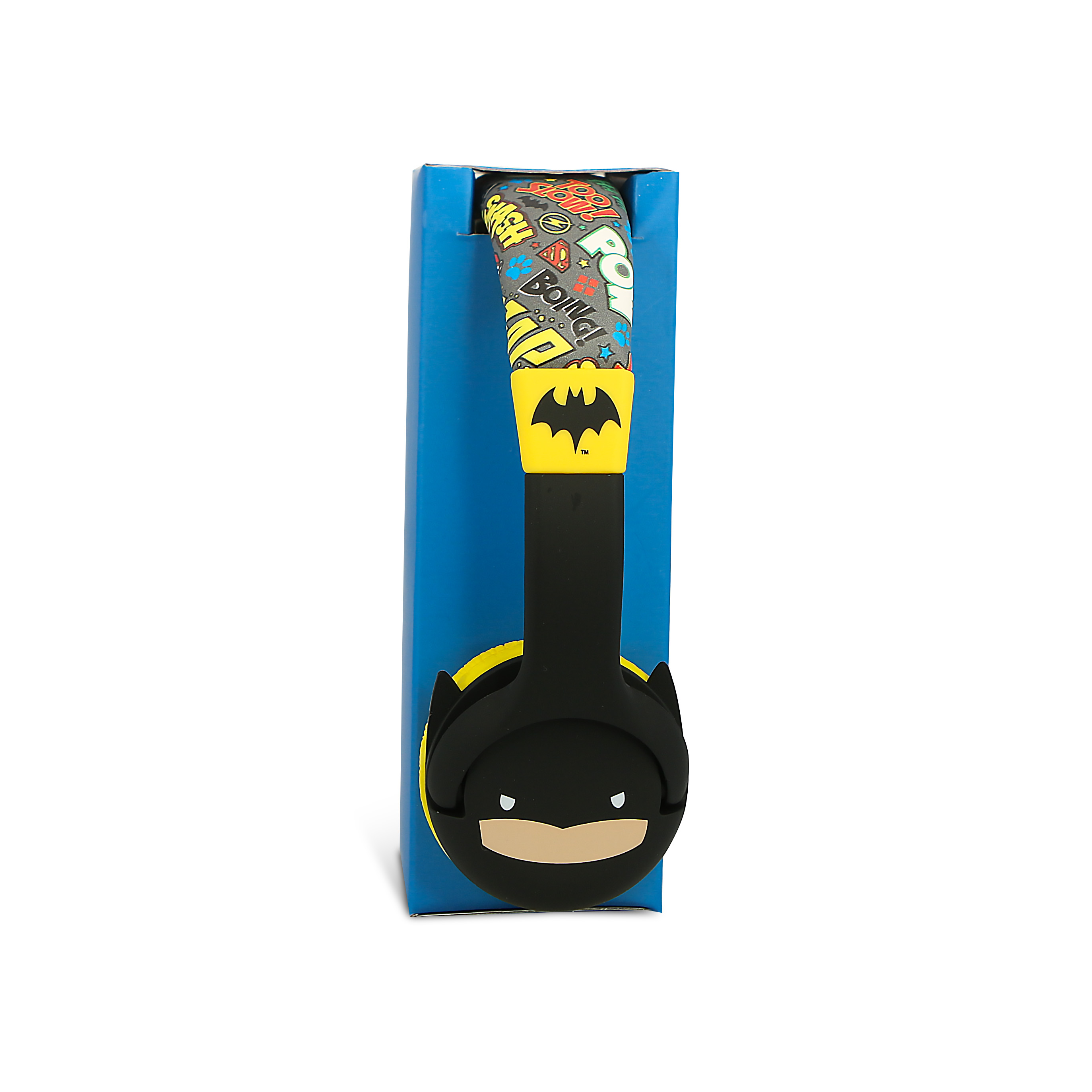 Batman koptelefoon in geel en zwart met stripboekprint, in een blauwe doos.