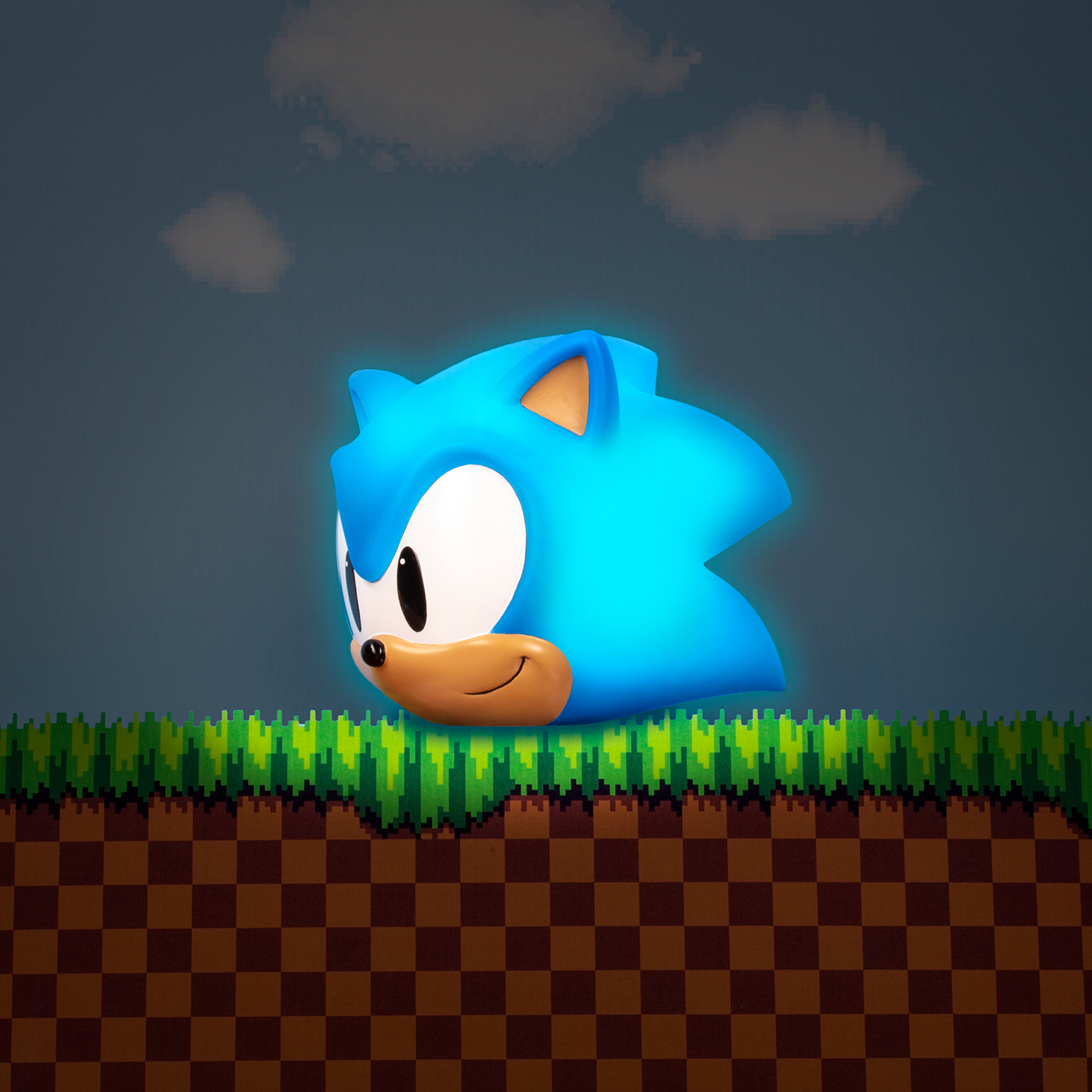 Head of Sonic the Hedgehog on a pixelated grass and dirt surface.