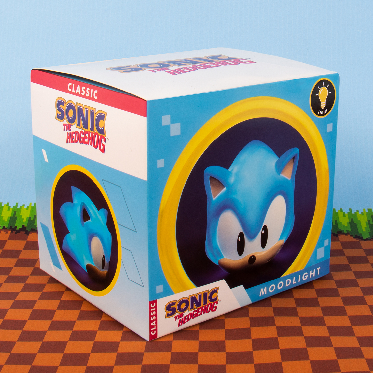 Box for a Sonic the Hedgehog moonlight lamp featuring a blue Sonic mask.