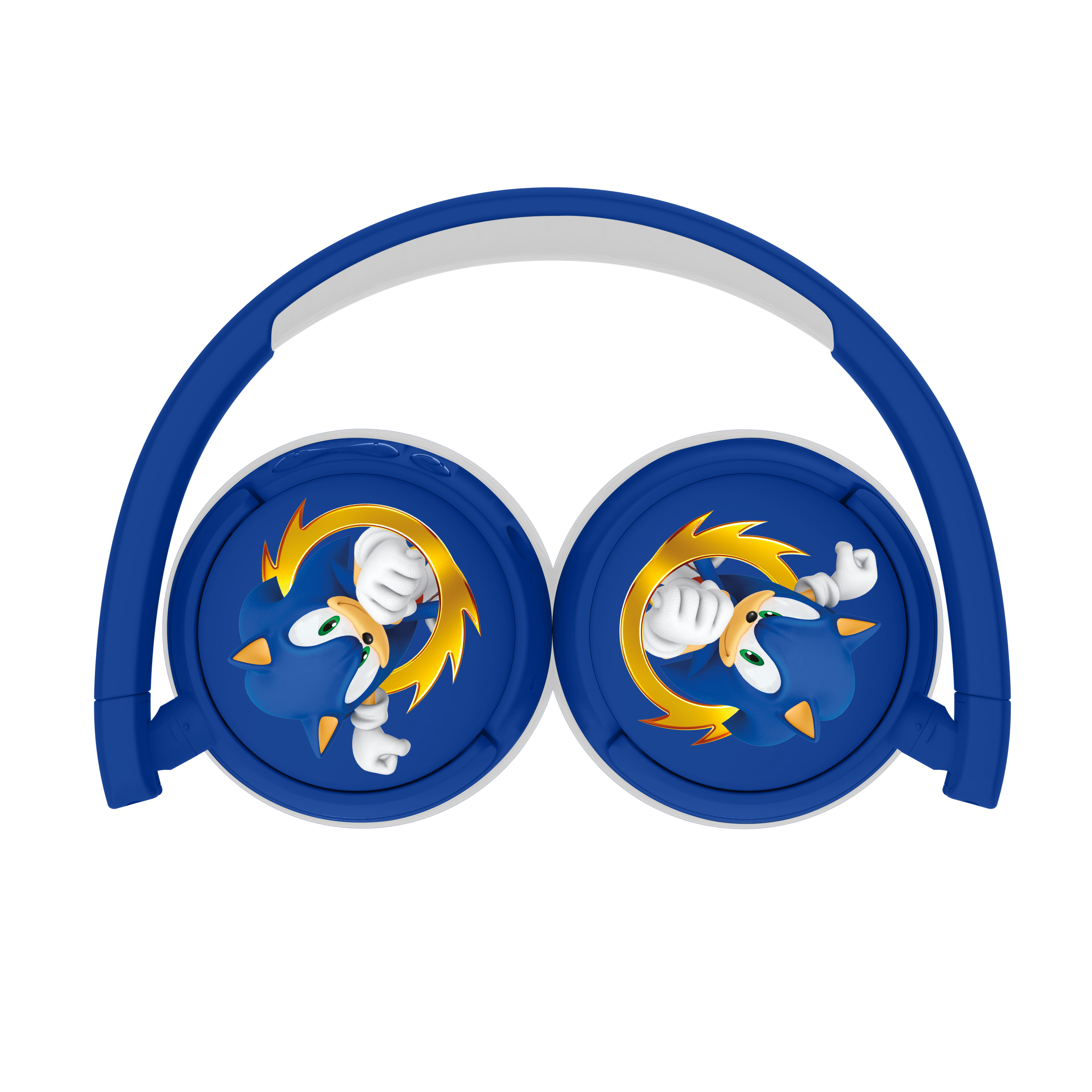 Blaue Kopfhörer mit Sonic the Hedgehog-Motiv und goldenen Ringen.