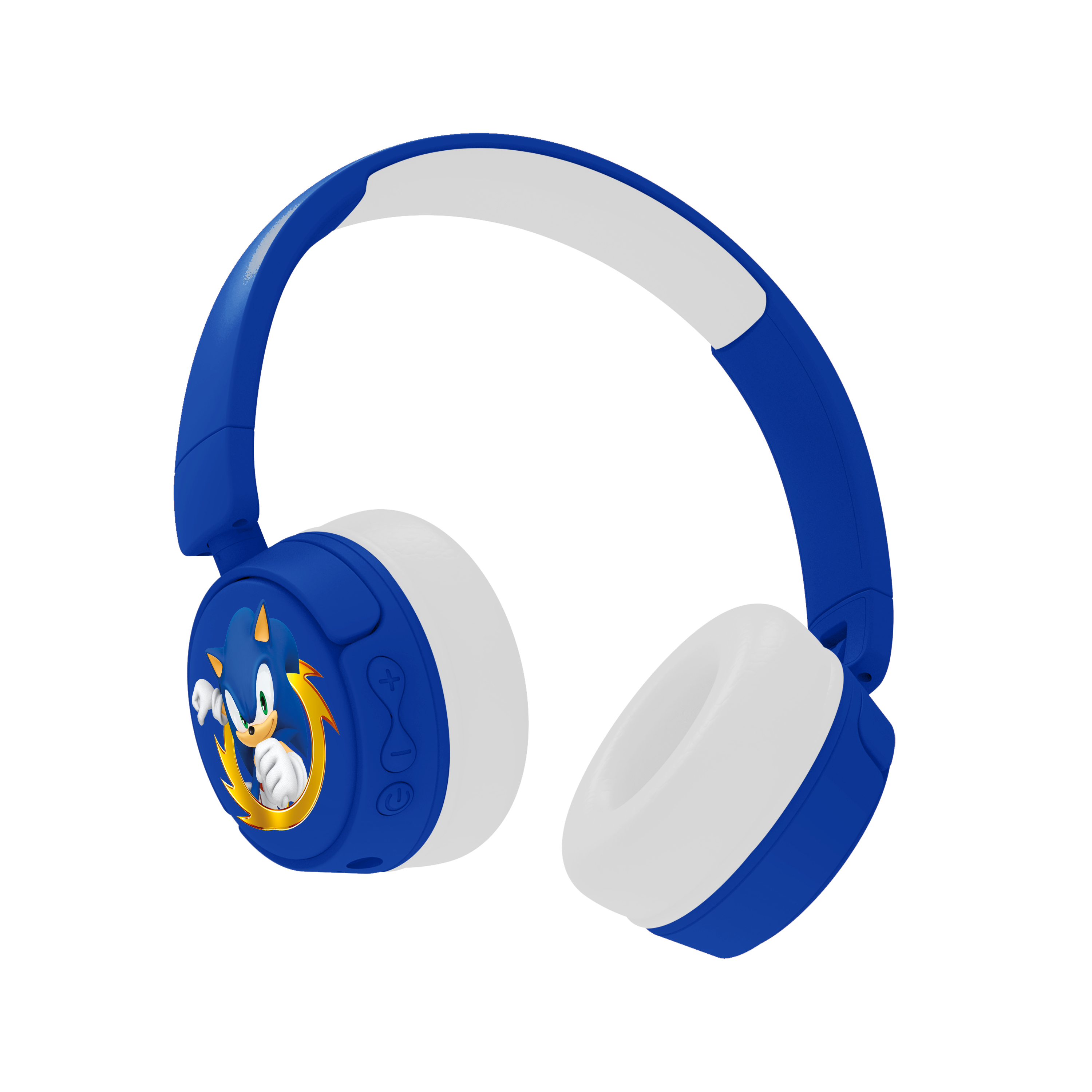 Blaue Kopfhörer mit Sonic-Motiv und weißen Ohrmuscheln.