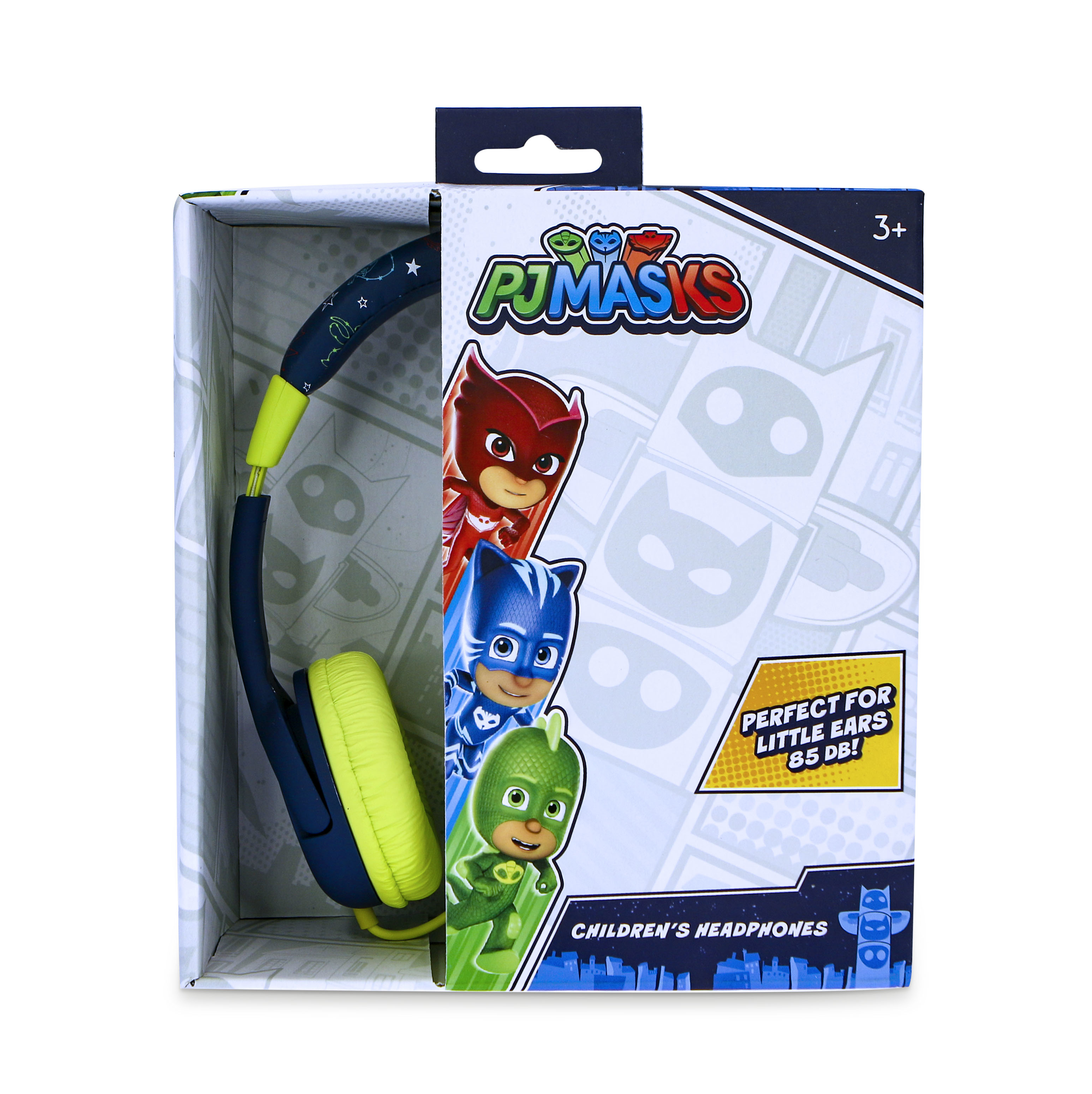 PJ Masks Kopfhörer in Blauer Schachtel mit Bildern der Charaktere.