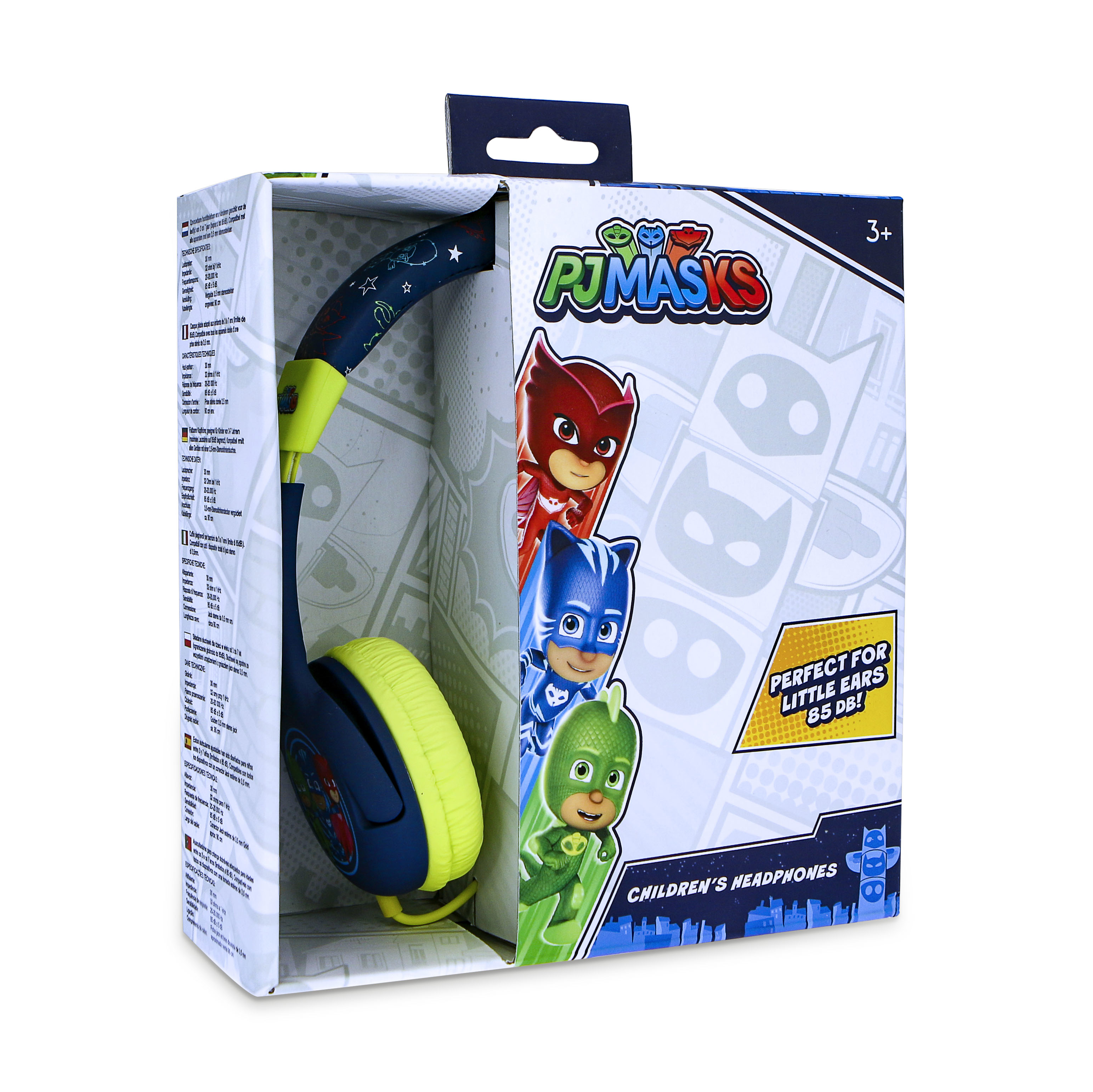 PJ Masks Kinderkopfhörer, blau und gelb, mit Figurenaufdruck und 3+ Altersempfehlung.