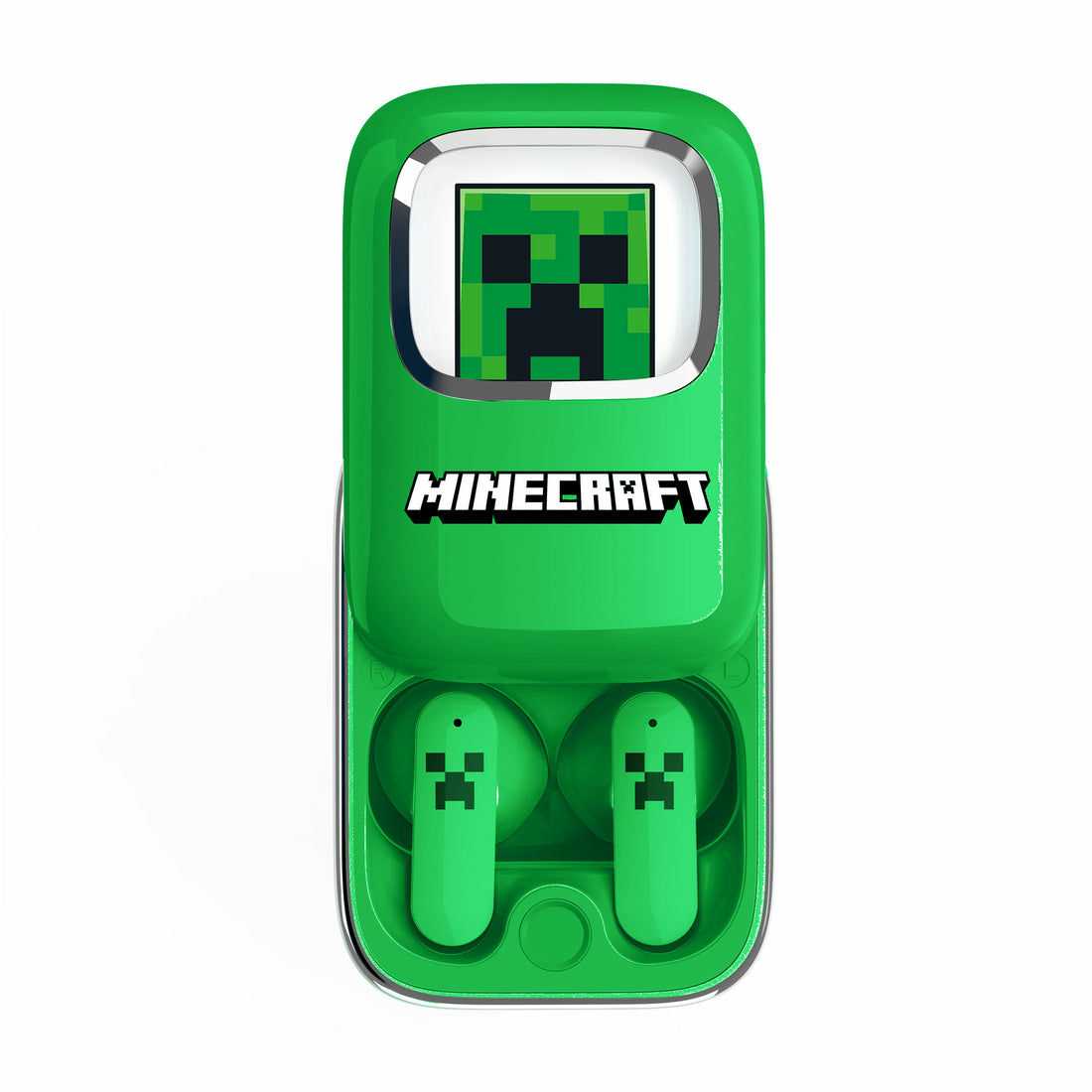 Groene Minecraft case met Creeper-gezichtdisplay en oordopjes.