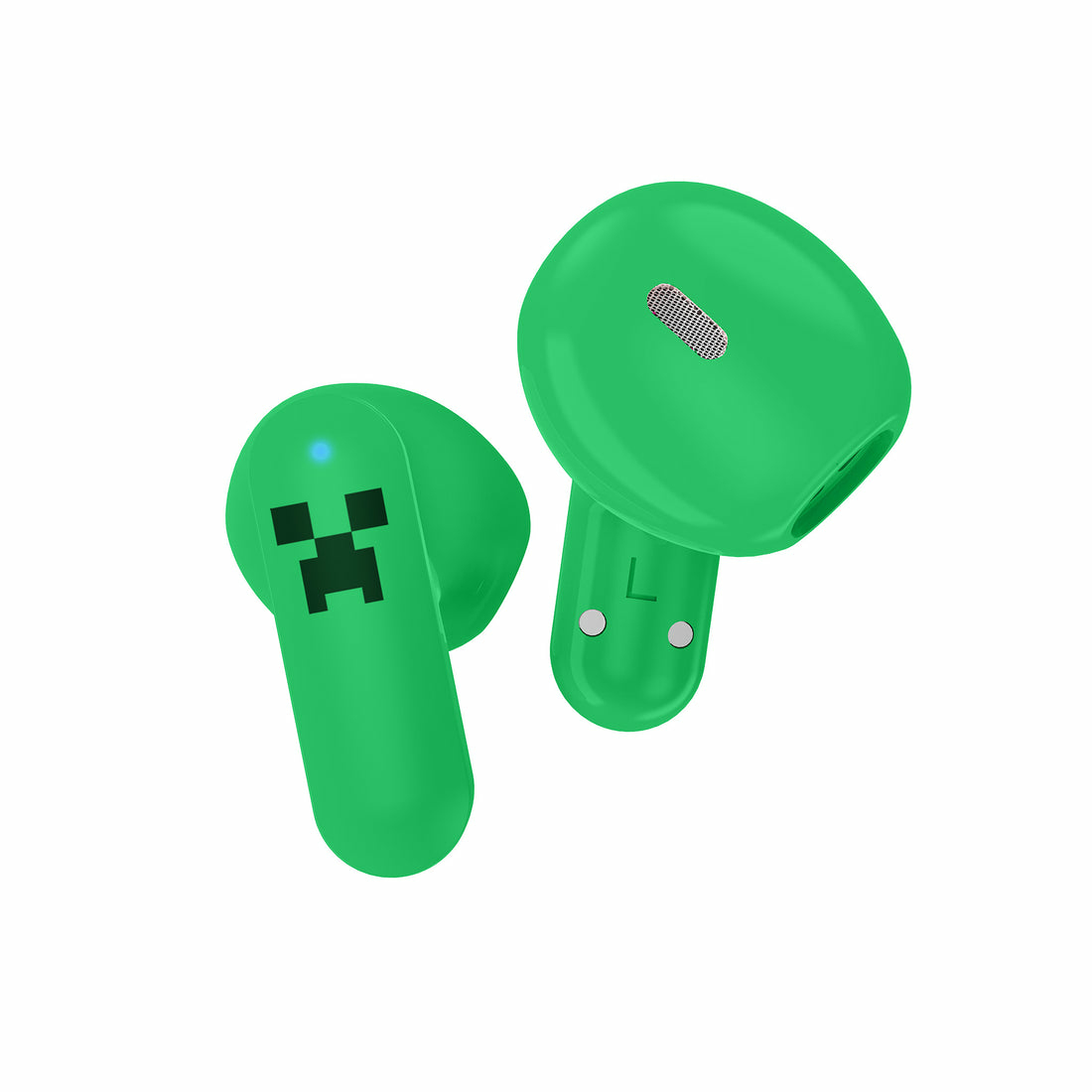 Groene Minecraft Creeper oordopjes op witte achtergrond.