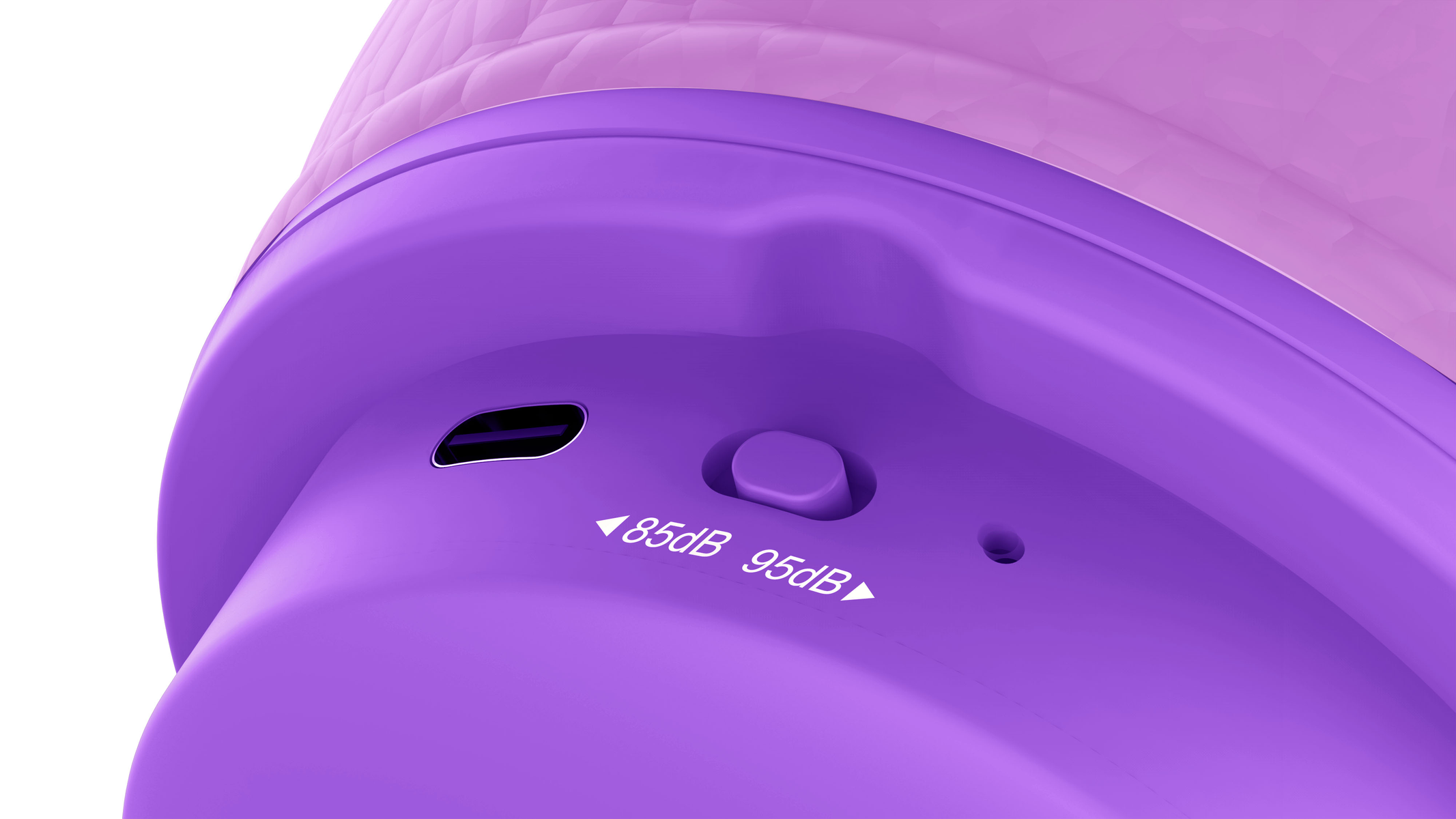 Lila und rosa Gerät mit USB-Anschluss, Knopf und Lautstärkeeinstellungen.