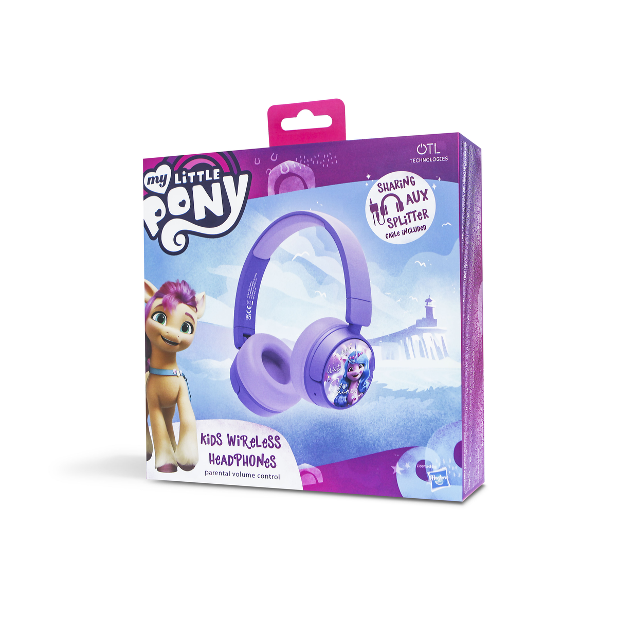 Lila My Little Pony Kopfhörer-Verpackung mit einem Pony und einem Leuchtturm.