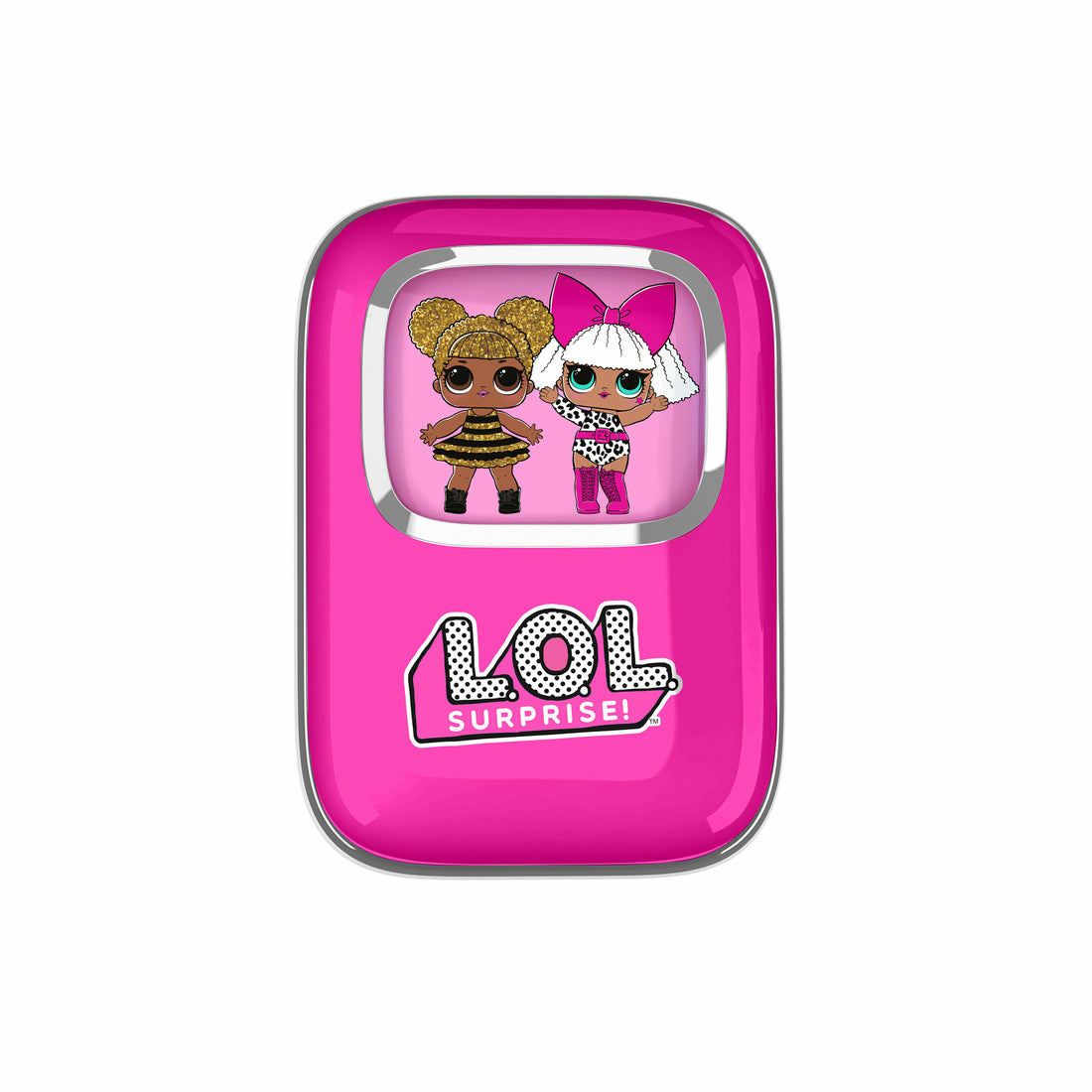 LOL Surprise! telefoon met twee poppen, één als bij, de ander in luipaardprint.