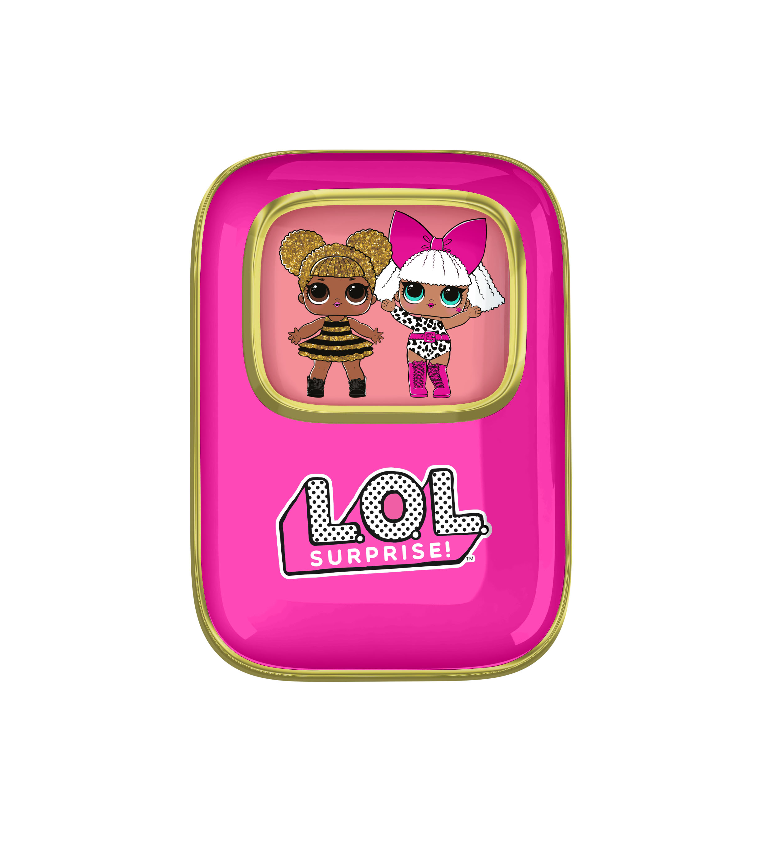 Twee LOL Surprise poppen op een roze blik met gouden rand.