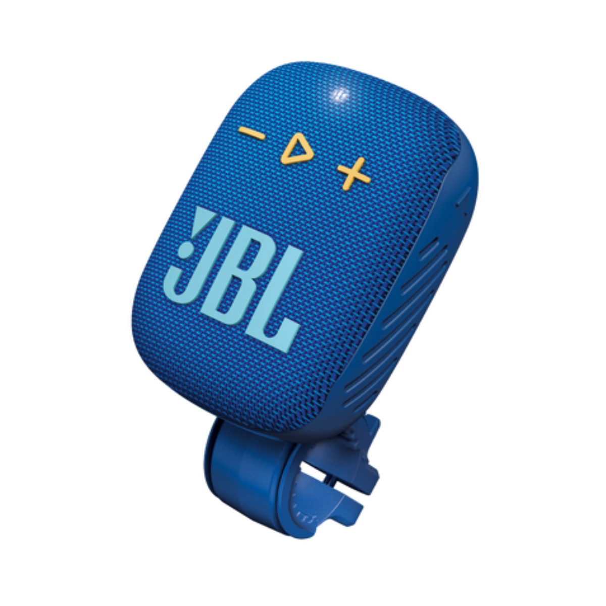 Un altoparlante portatile JBL blu con pulsanti volume e play. Poggia su un supporto blu.