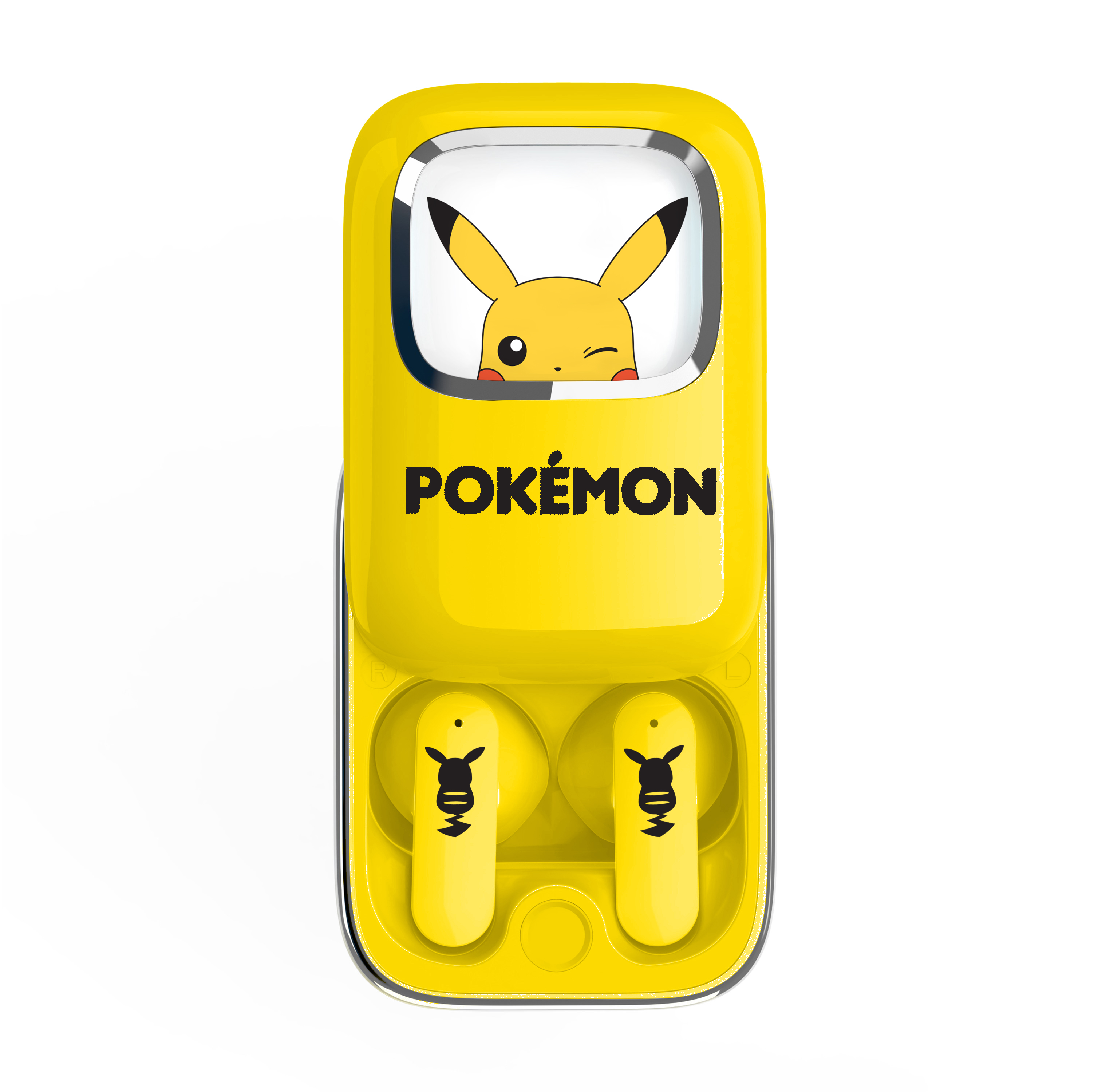 Gele Pokémon oplaadcase met Pikachu-ontwerp en twee oordopjes.