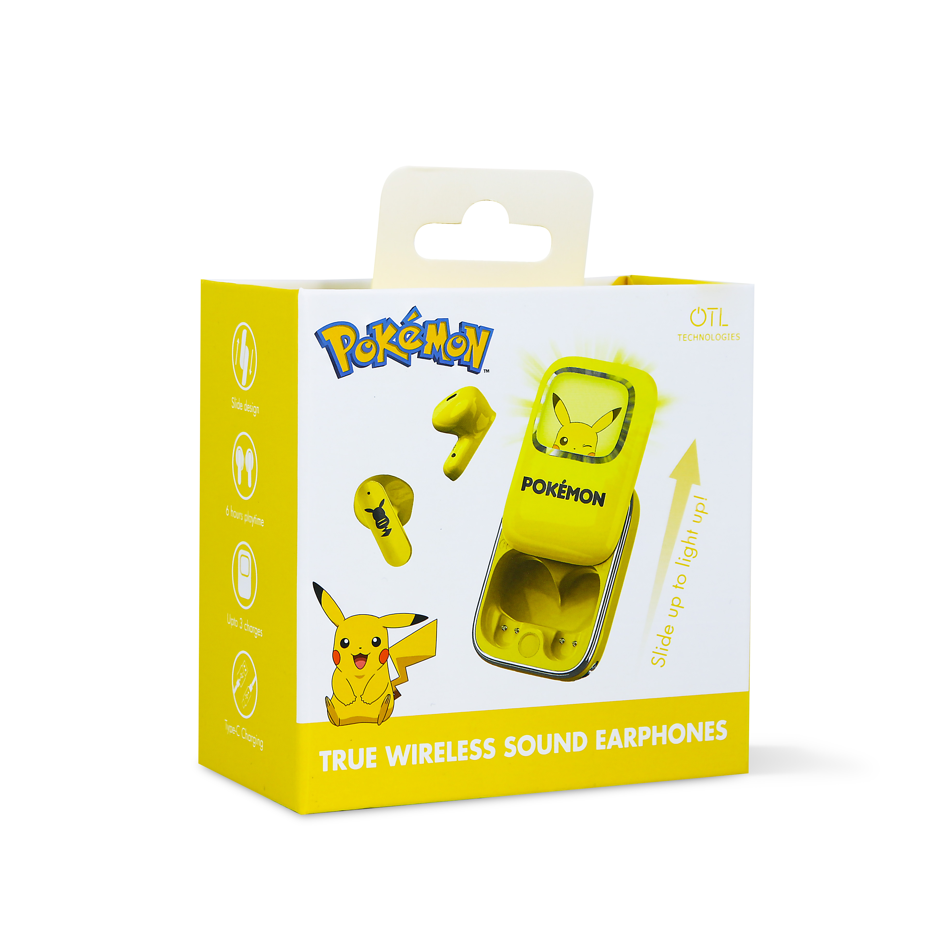 Gele en witte Pokémon oordopjes verpakking met Pikachu.