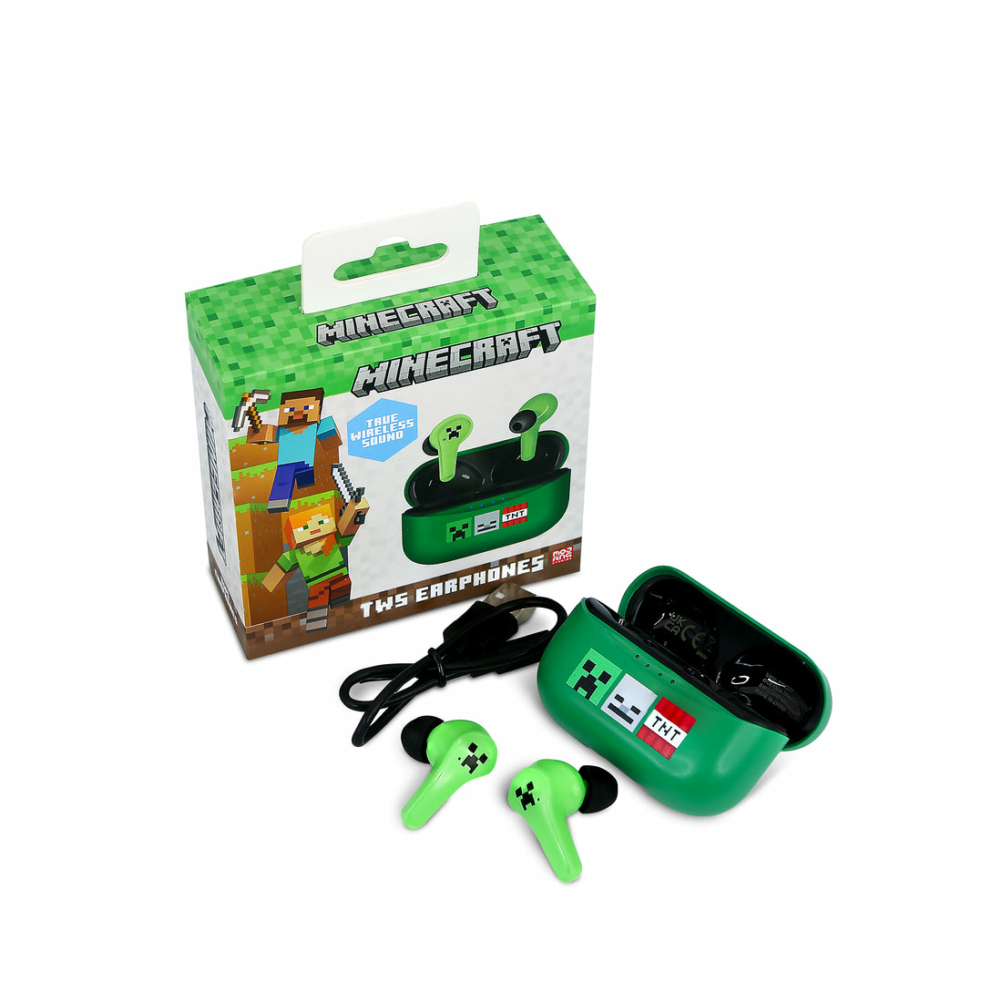 Groene Minecraft TWS-oordopjes met hoesje en doos. Bevat Steve en Alex op de doos.