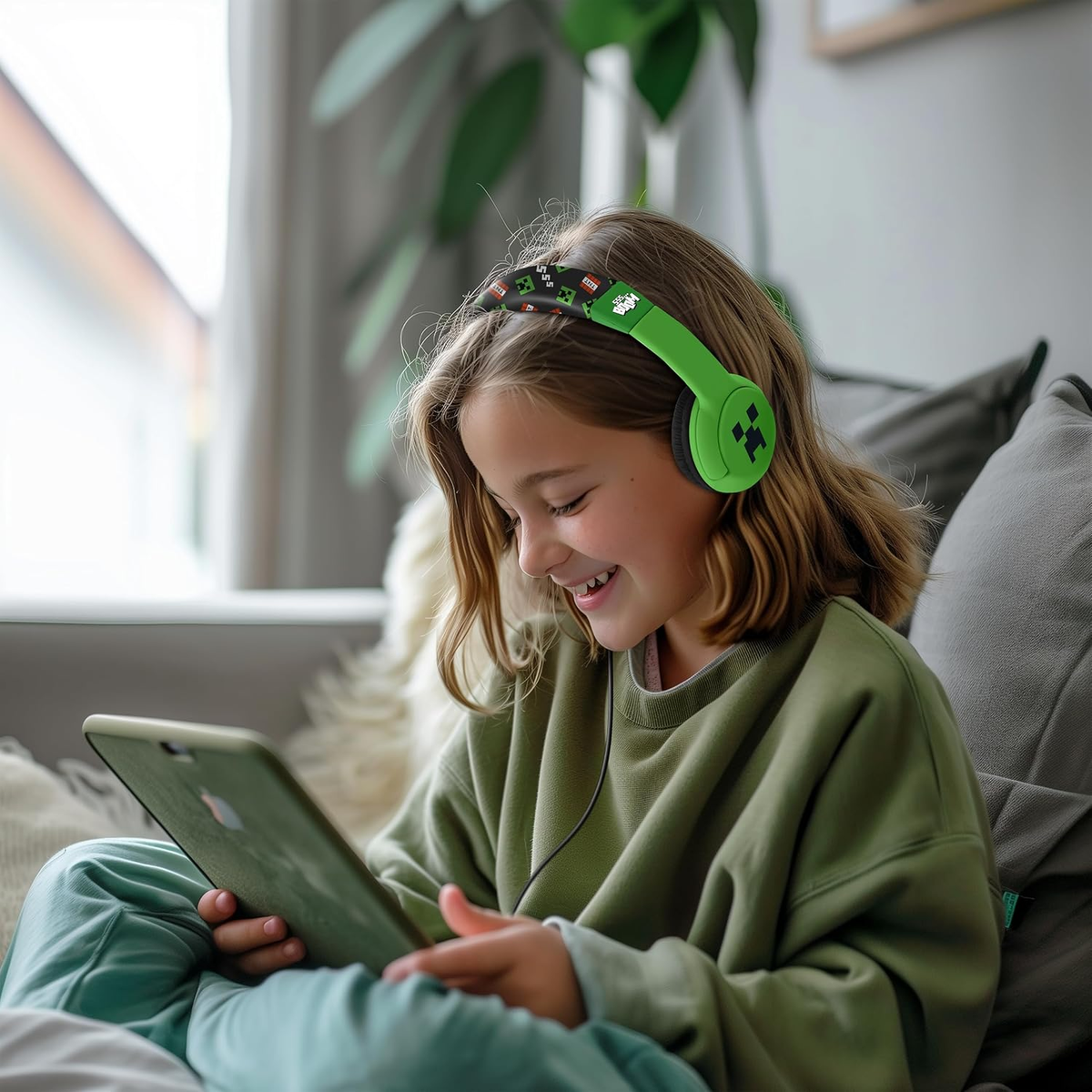 Niña con auriculares verdes mira una tablet, sonriendo.