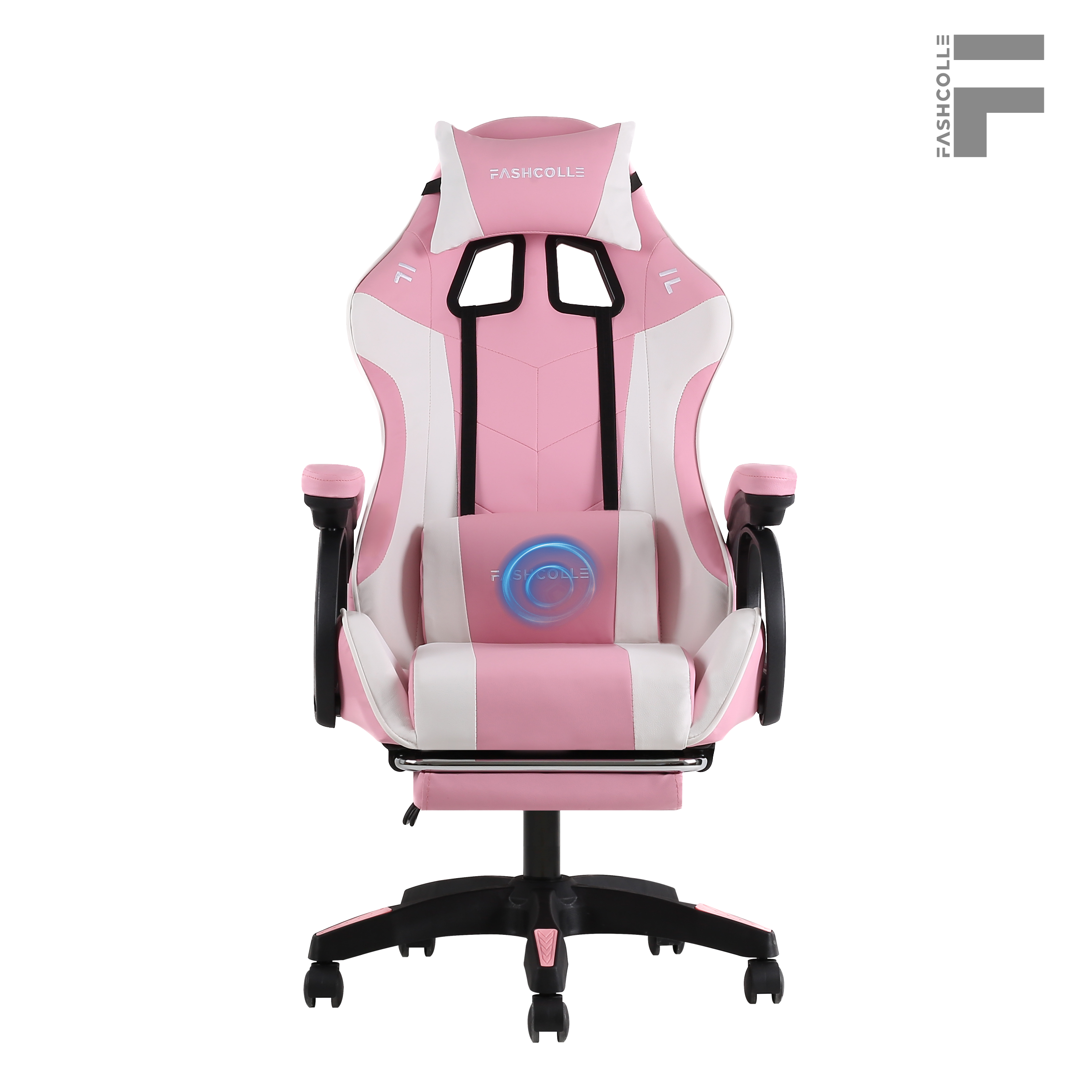 Ayak dayama yeri ve logosu olan pembe ve beyaz oyuncu koltuğu.