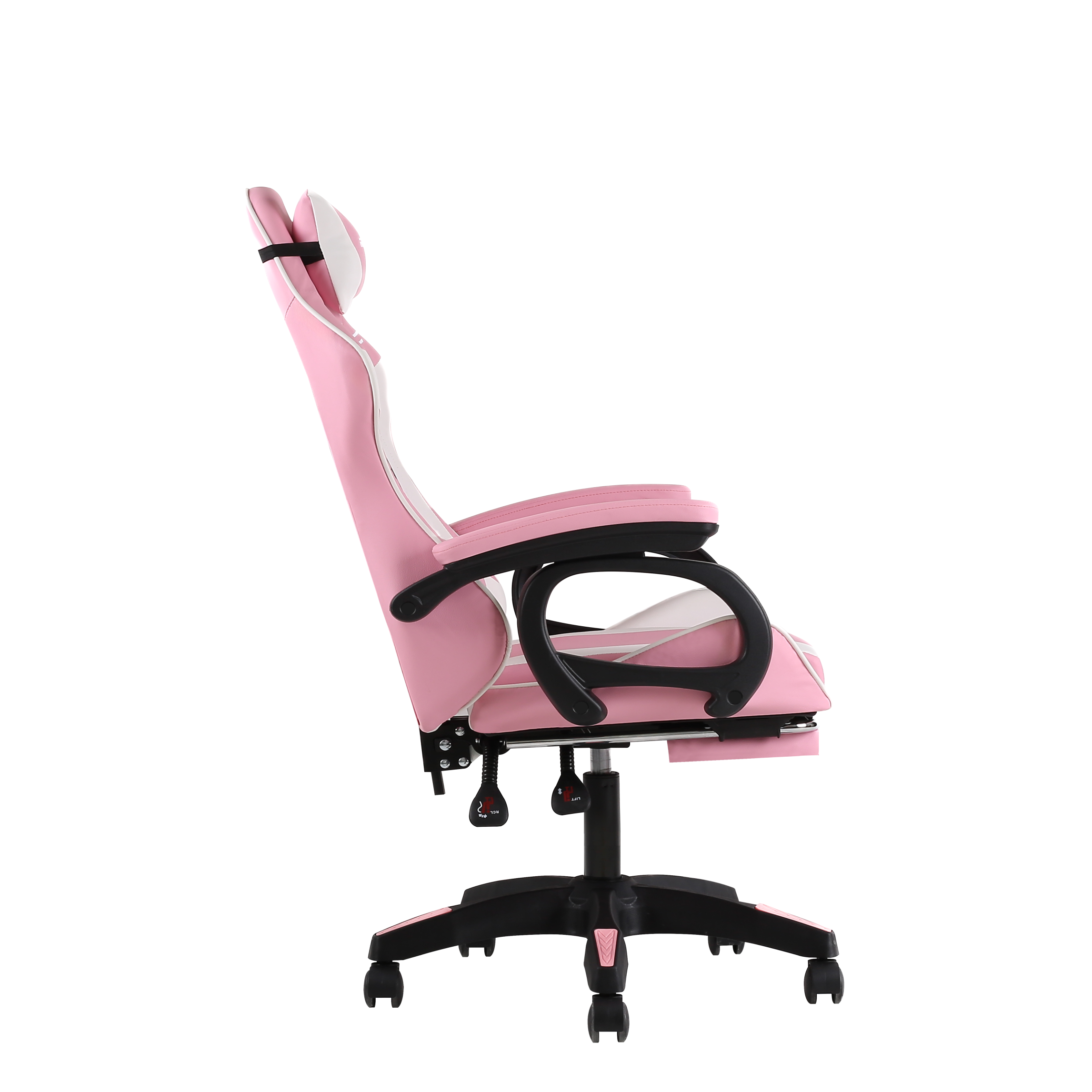 Siyah kolçaklı ve tekerlekli pembe ve beyaz oyuncu koltuğu.