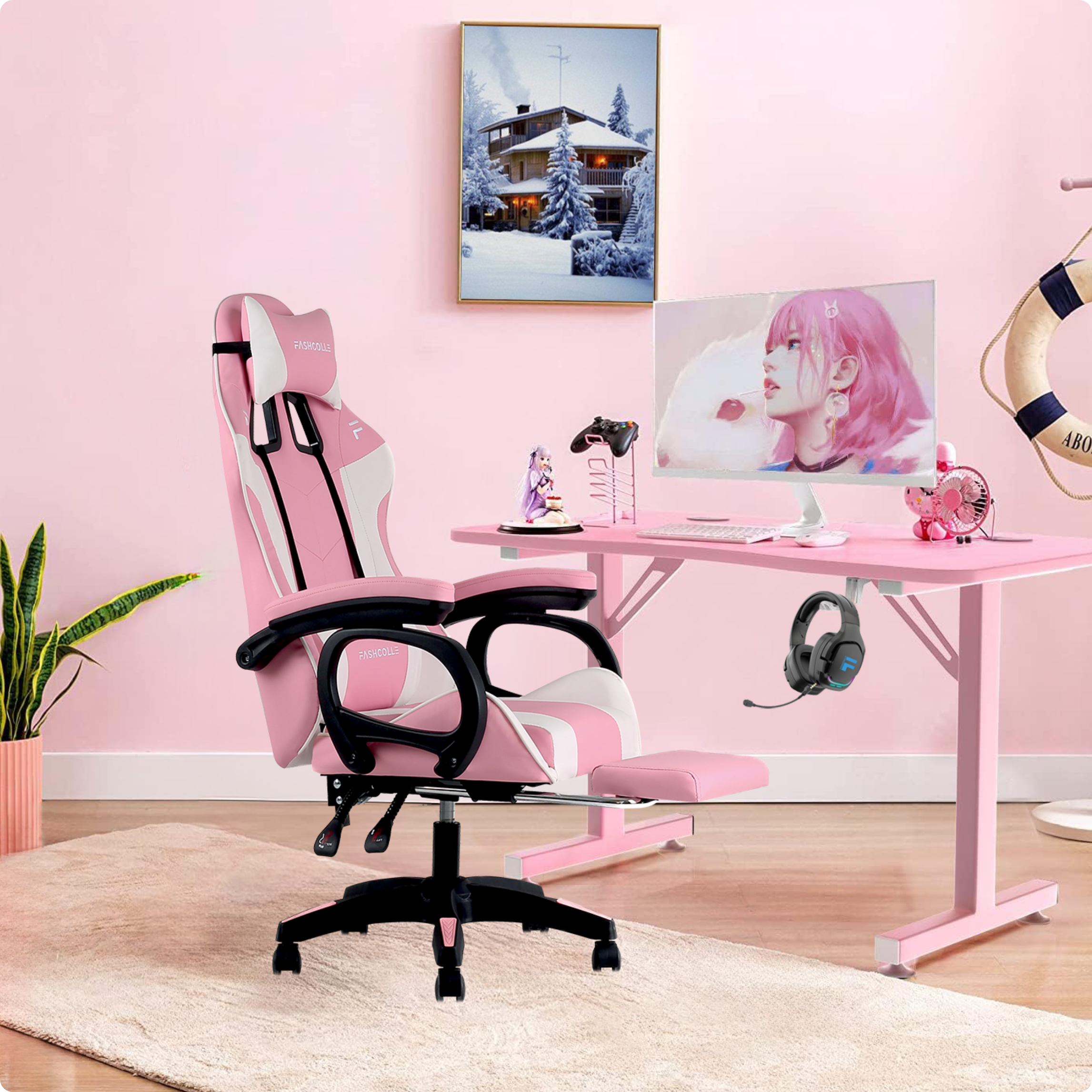Oyuncu koltuklu, bilgisayarlı ve süslemeli pembe bir masa. Bir resimde karlı bir ev var.