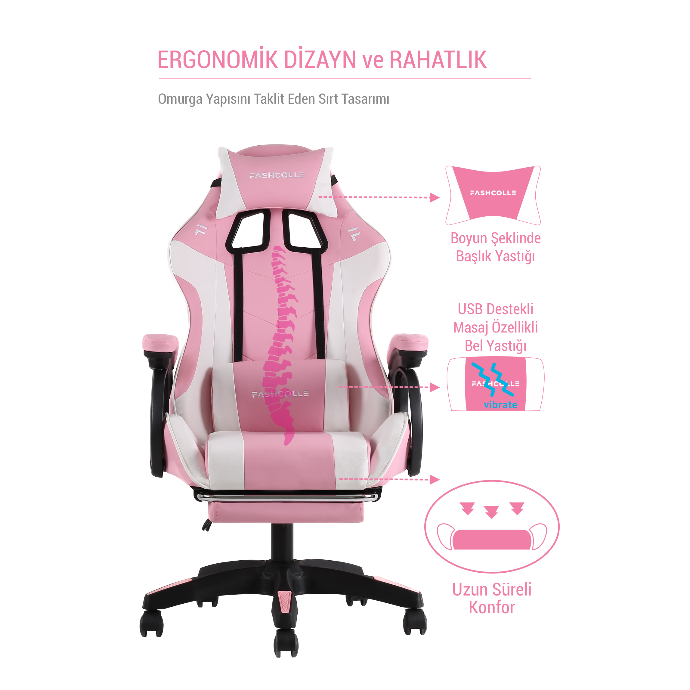 Ergonomik tasarımlı pembe oyuncu koltuğu, boyun ve masaj özellikli bel yastığı.
