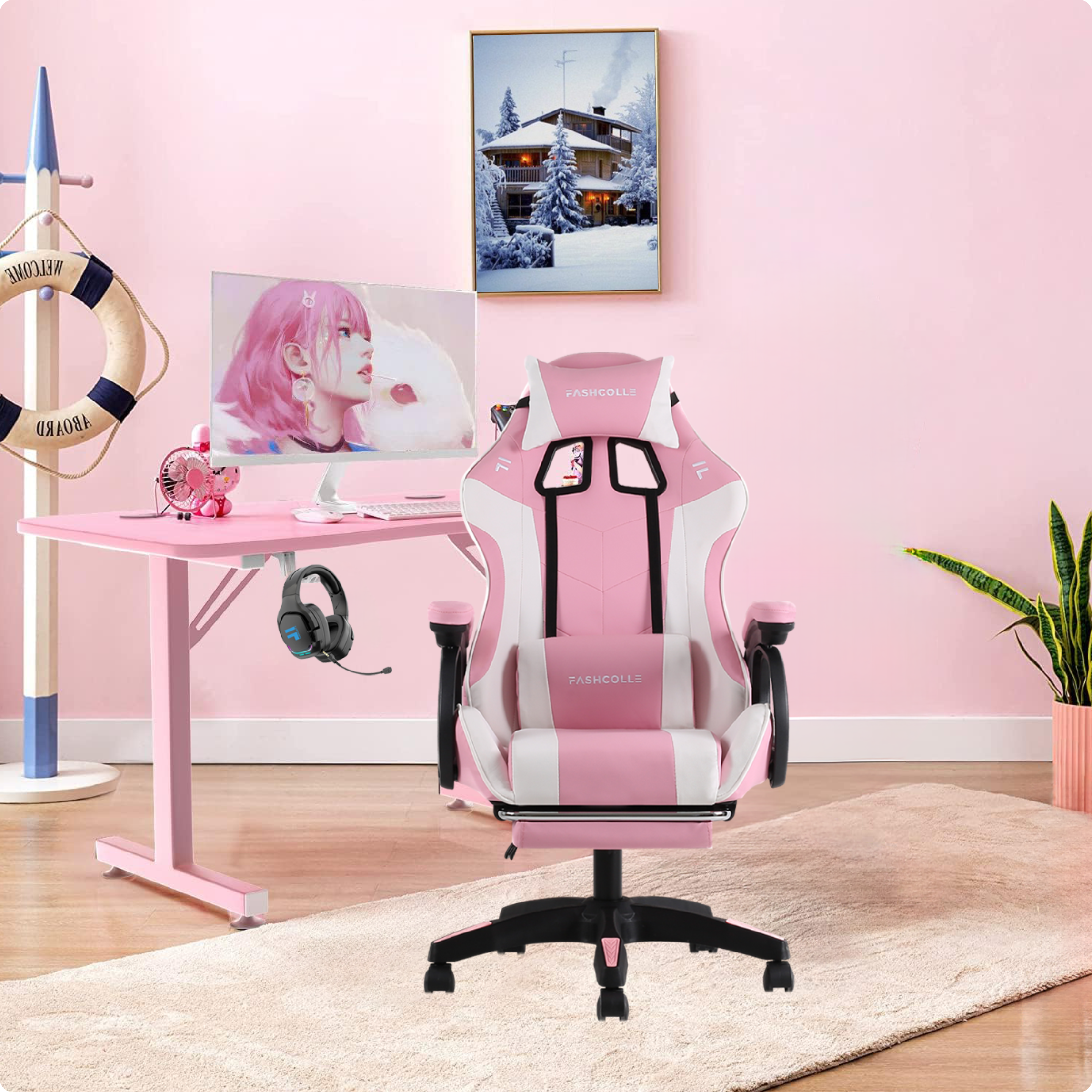 Bilgisayar ve pembe sandalyeli pembe oyun masası. Kar ve ev resmi.