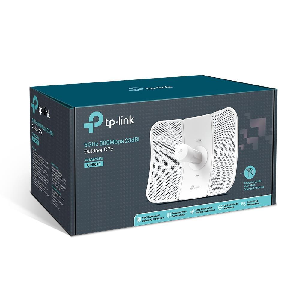 TP-Link CPE610 5GHz 300Mbps Dış Mekan CPE, 23dBi antenli paket üzerinde.