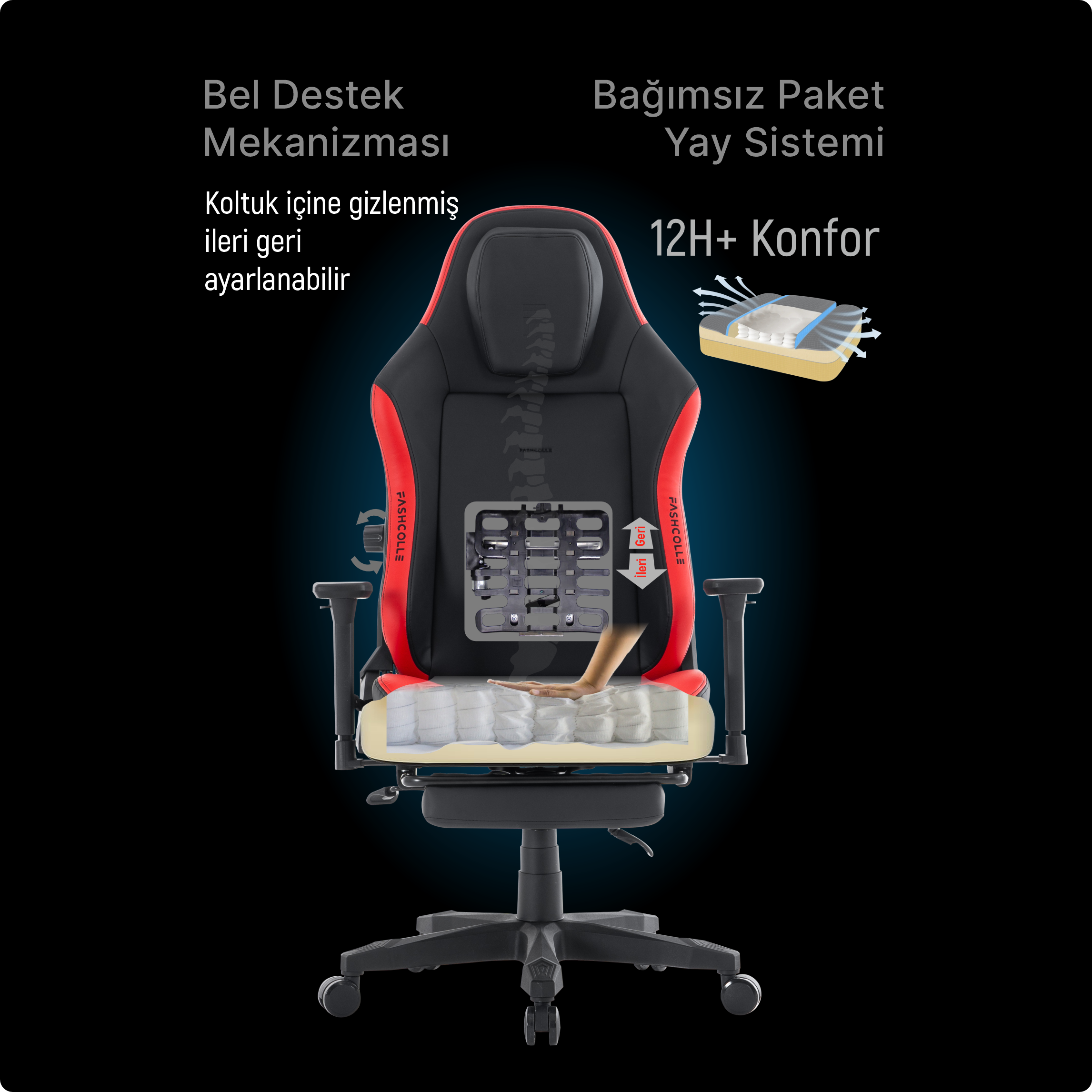 Kırmızı vurgulu siyah oyuncu koltuğu, iç mekanizmayı gösteriyor.