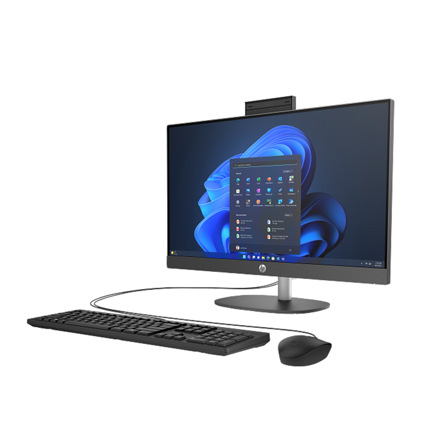 Beyaz zeminde monitör, klavye ve fare bulunan siyah HP hepsi bir arada bilgisayar.