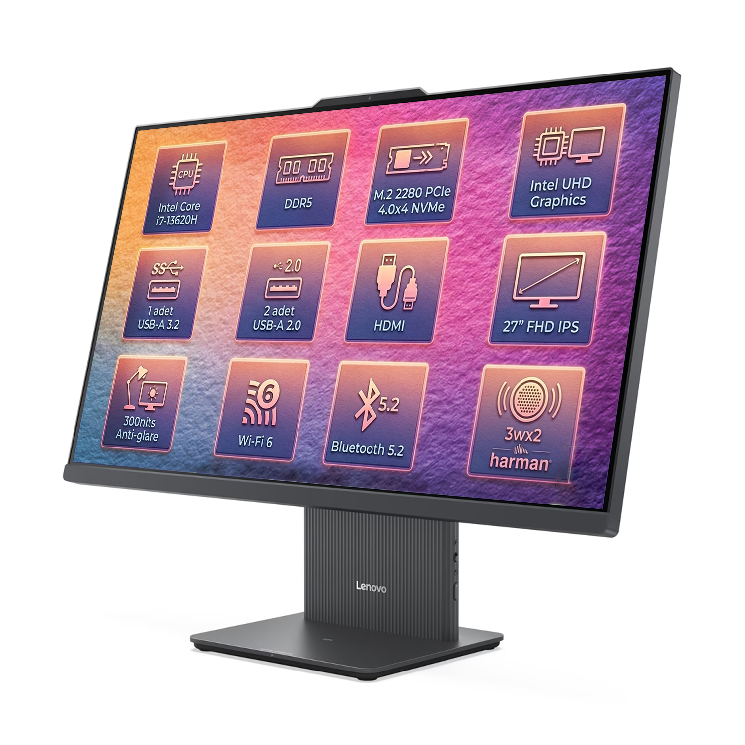 Intel Core i7 işlemcili, 27 inç FHD IPS ekrana ve Harman sese sahip Lenovo Hepsi Bir Arada PC.