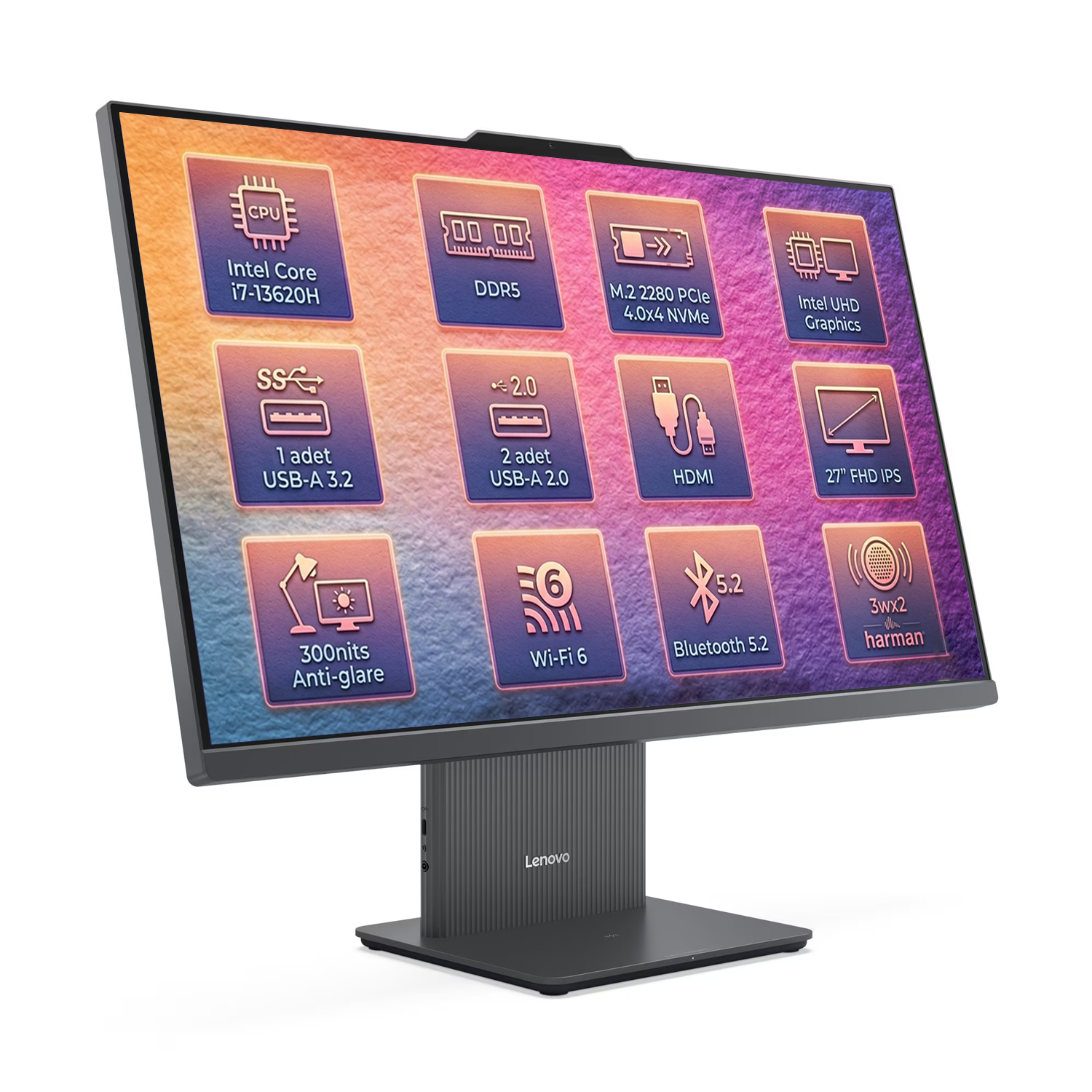 Intel Core i7, DDR5, Wi-Fi 6 ve 27" FHD IPS ekrana sahip Lenovo Hepsi Bir Arada PC.