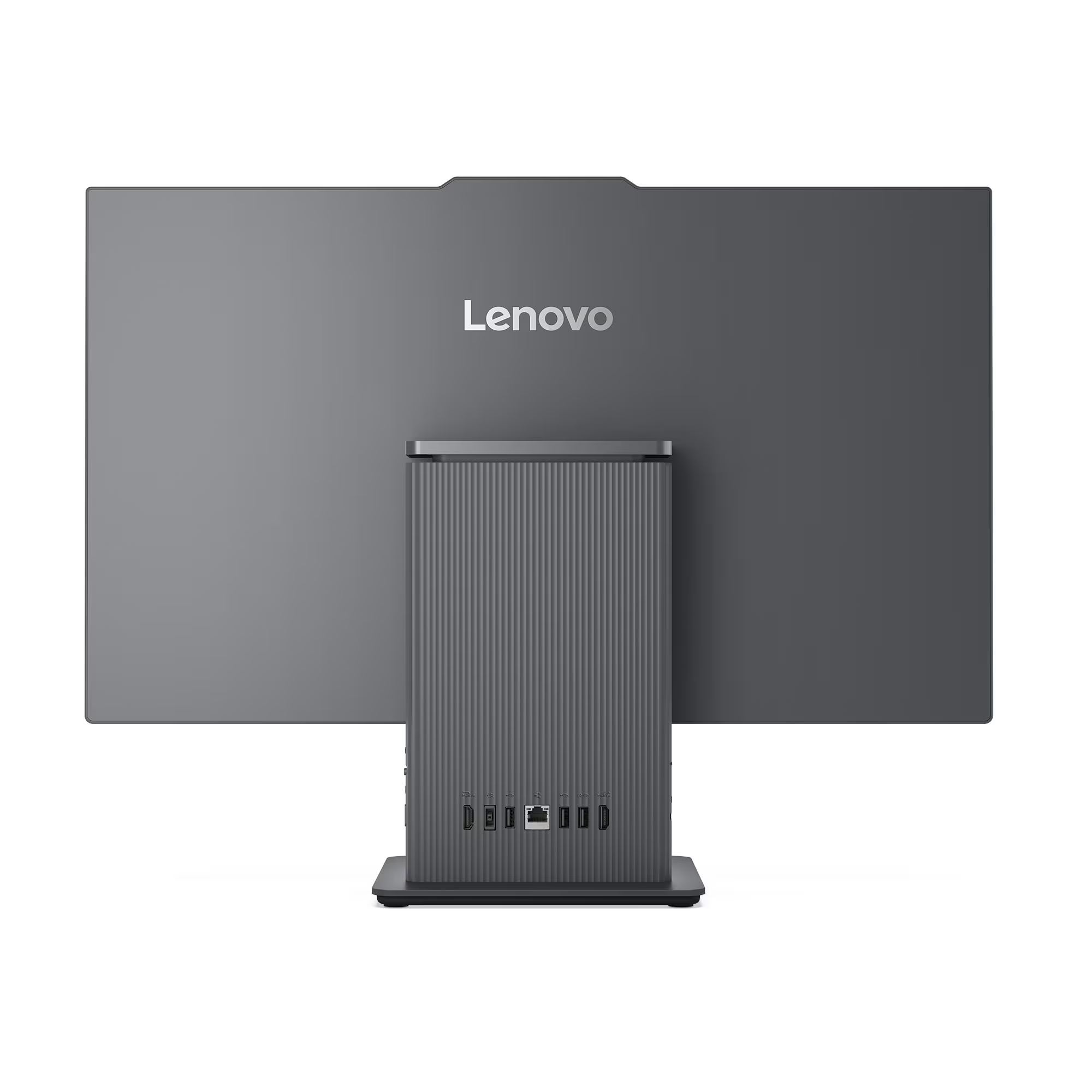 Gri Lenovo hepsi bir arada bilgisayarın arkası, bağlantı noktaları mevcut.
