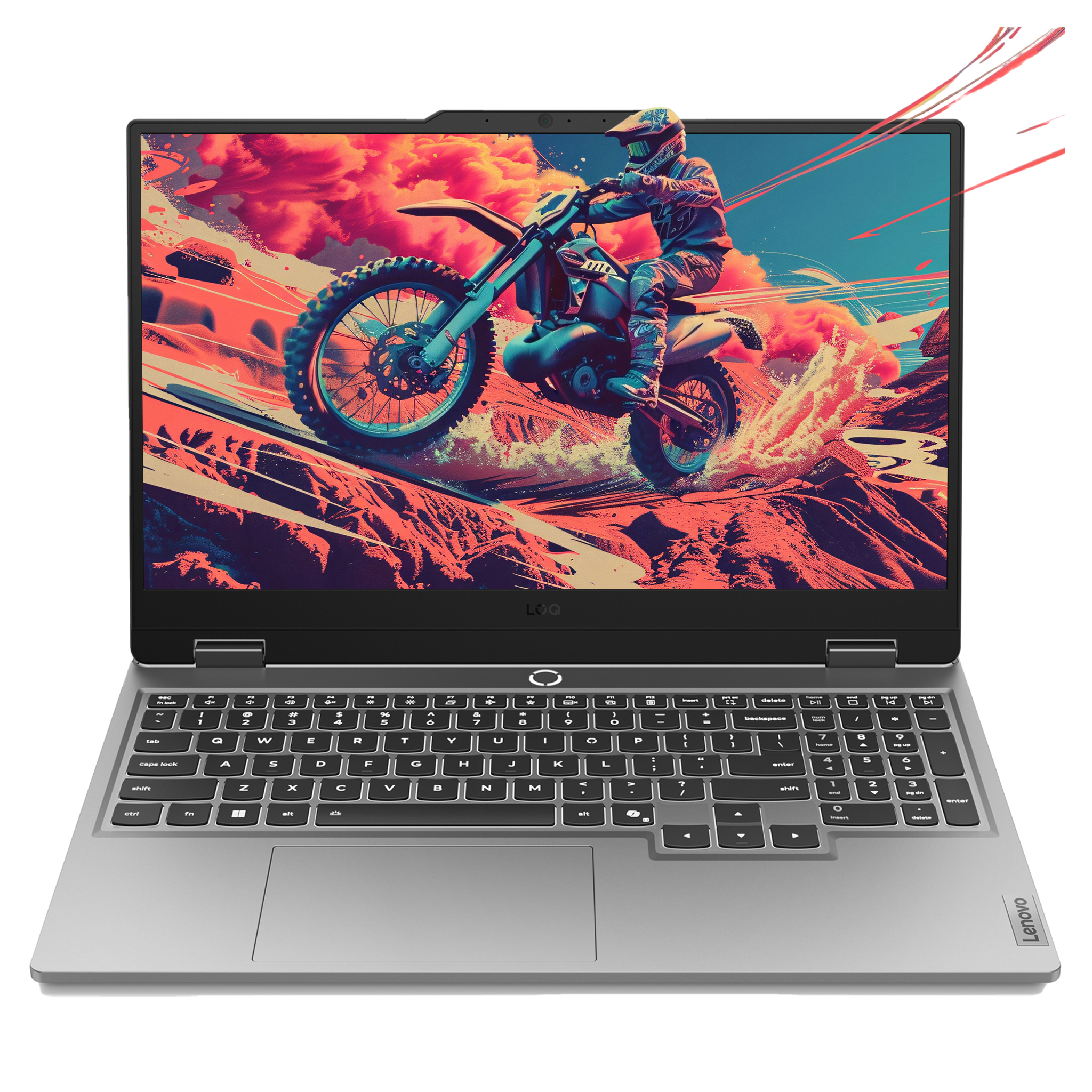 Laptop, canlı, soyut bir arka plan üzerinde aksiyon halindeki bir motokros sürücüsünü gösteriyor.