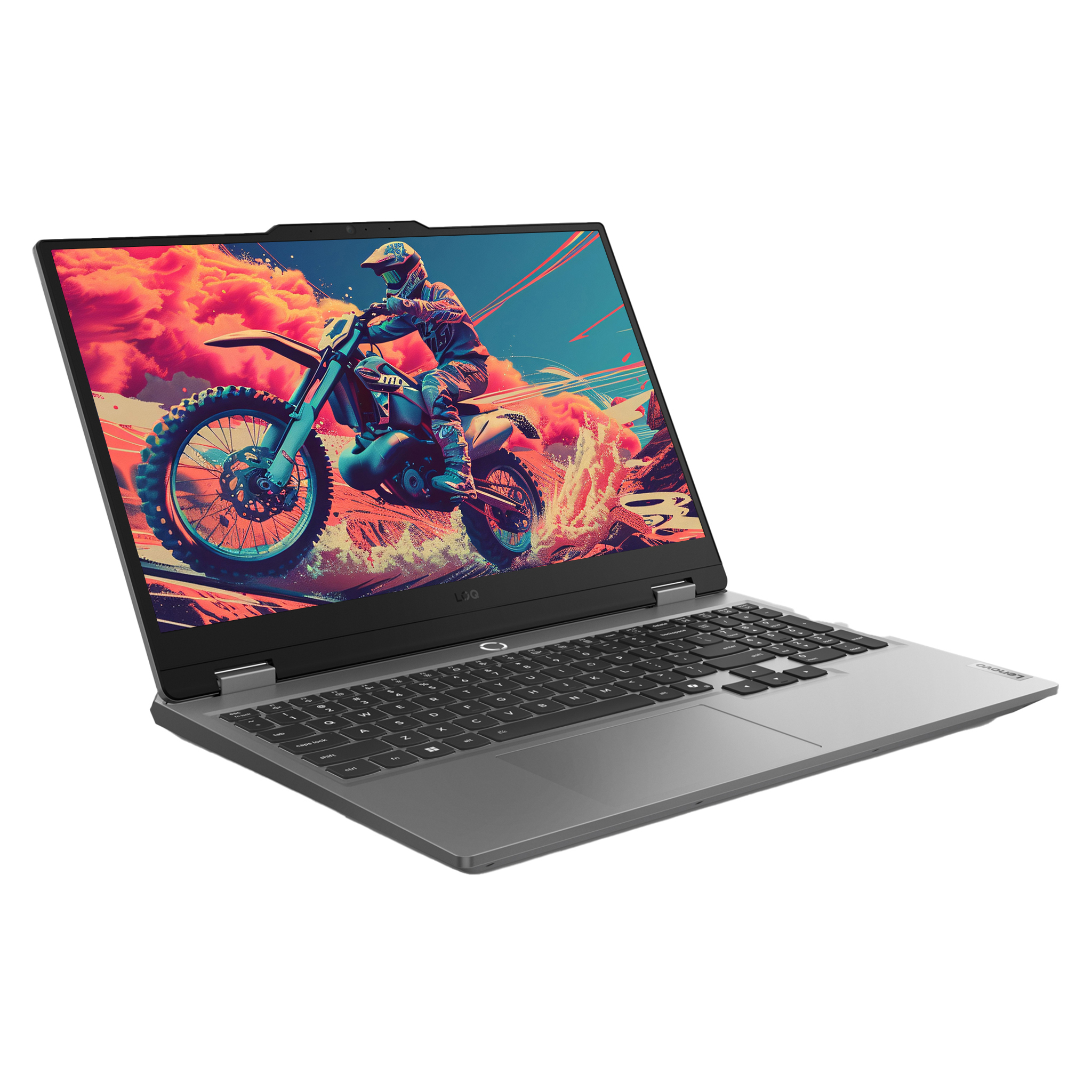 Ekranında motosikletçi olan gri bir dizüstü bilgisayar.