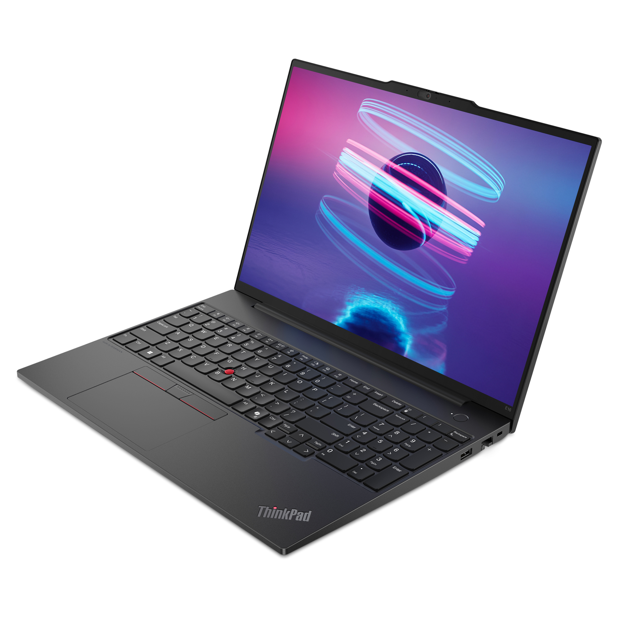 Soyut bir desen gösteren aydınlatılmış ekranlı koyu renk ThinkPad dizüstü bilgisayar.