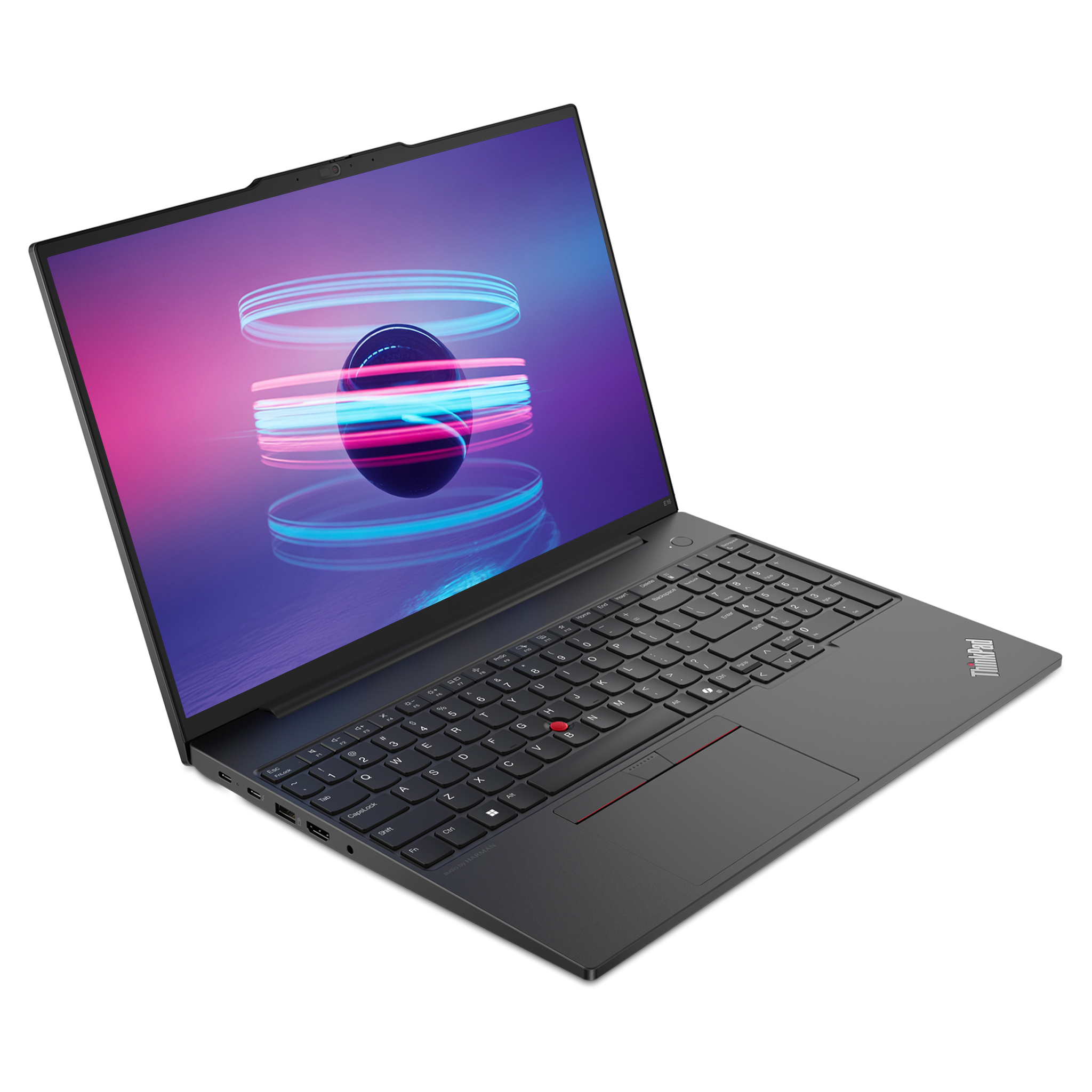 Beyaz arka plan üzerinde açık ThinkPad logolu siyah bir dizüstü bilgisayar.