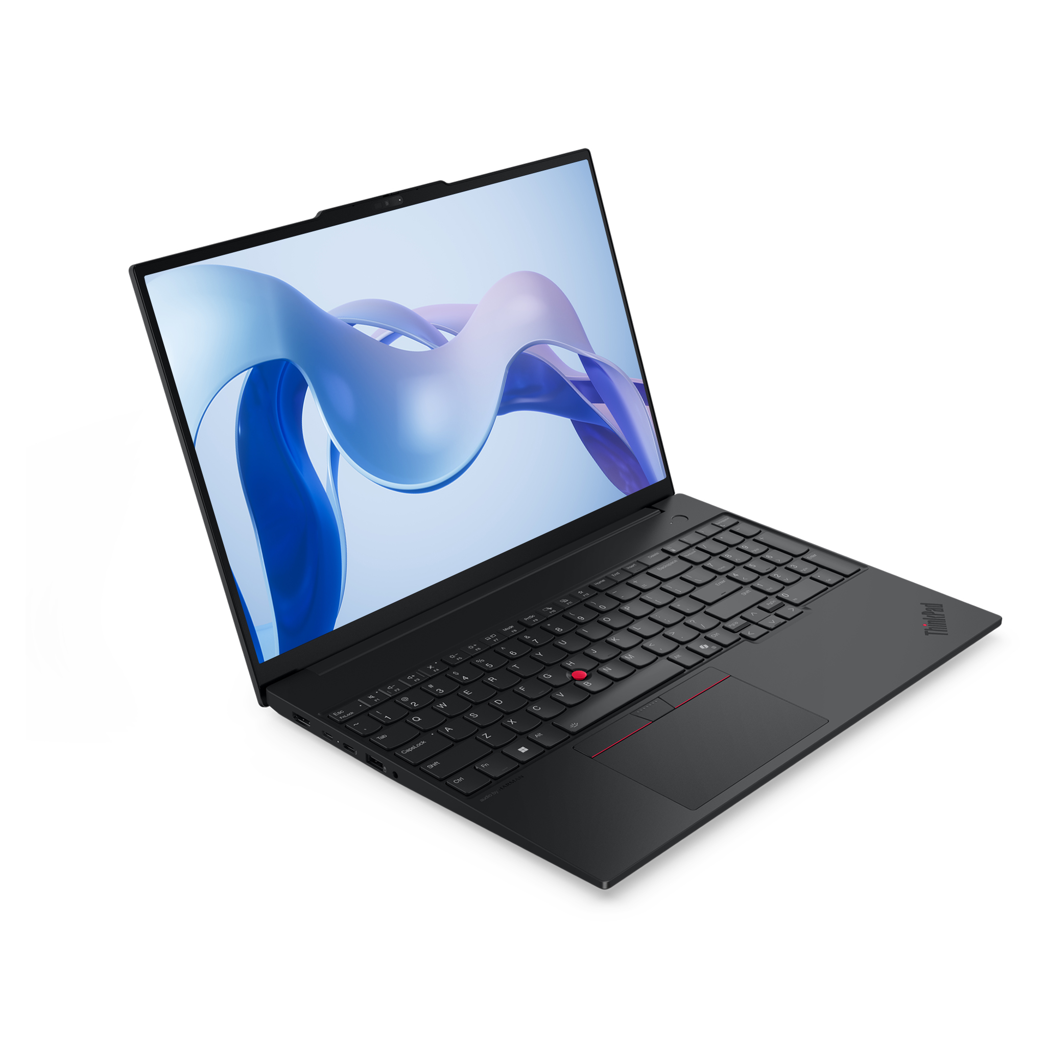ThinkPad logolu siyah dizüstü bilgisayar ve soyut duvar kağıdı.