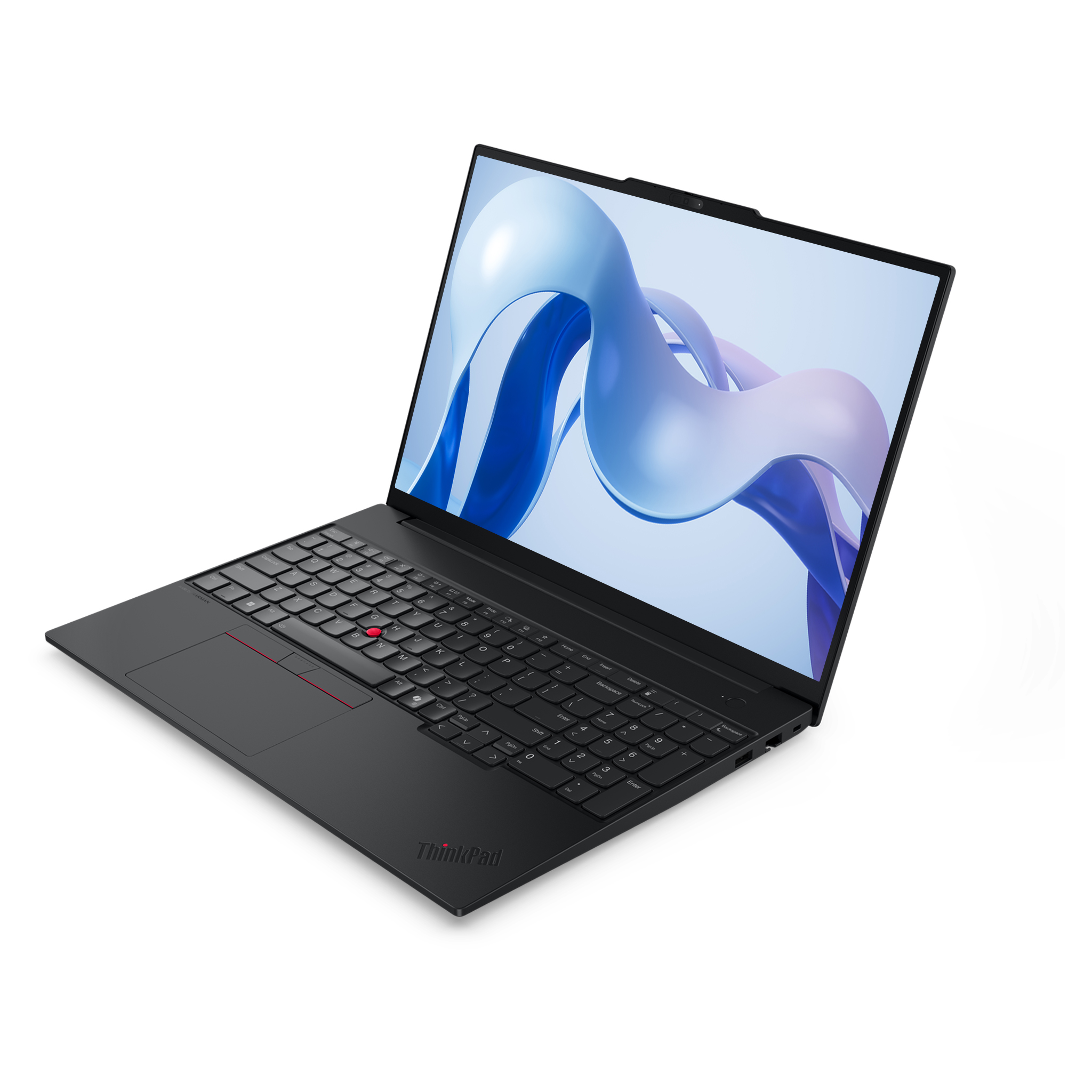 Ekranında soyut duvar kağıdı bulunan ThinkPad logolu siyah dizüstü bilgisayar.