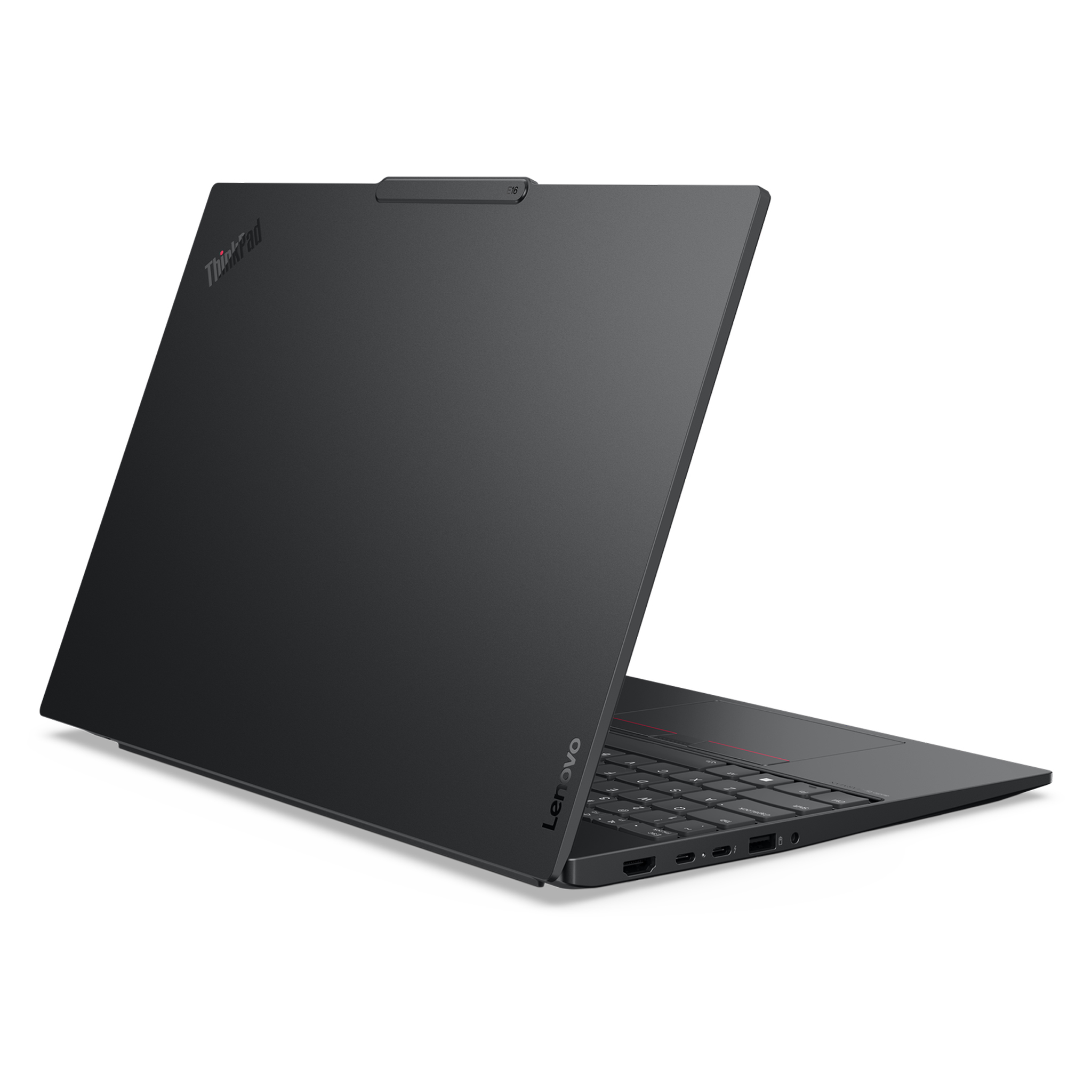 Klavye ve bağlantı noktalarını gösteren açık siyah bir Lenovo ThinkPad dizüstü bilgisayar.