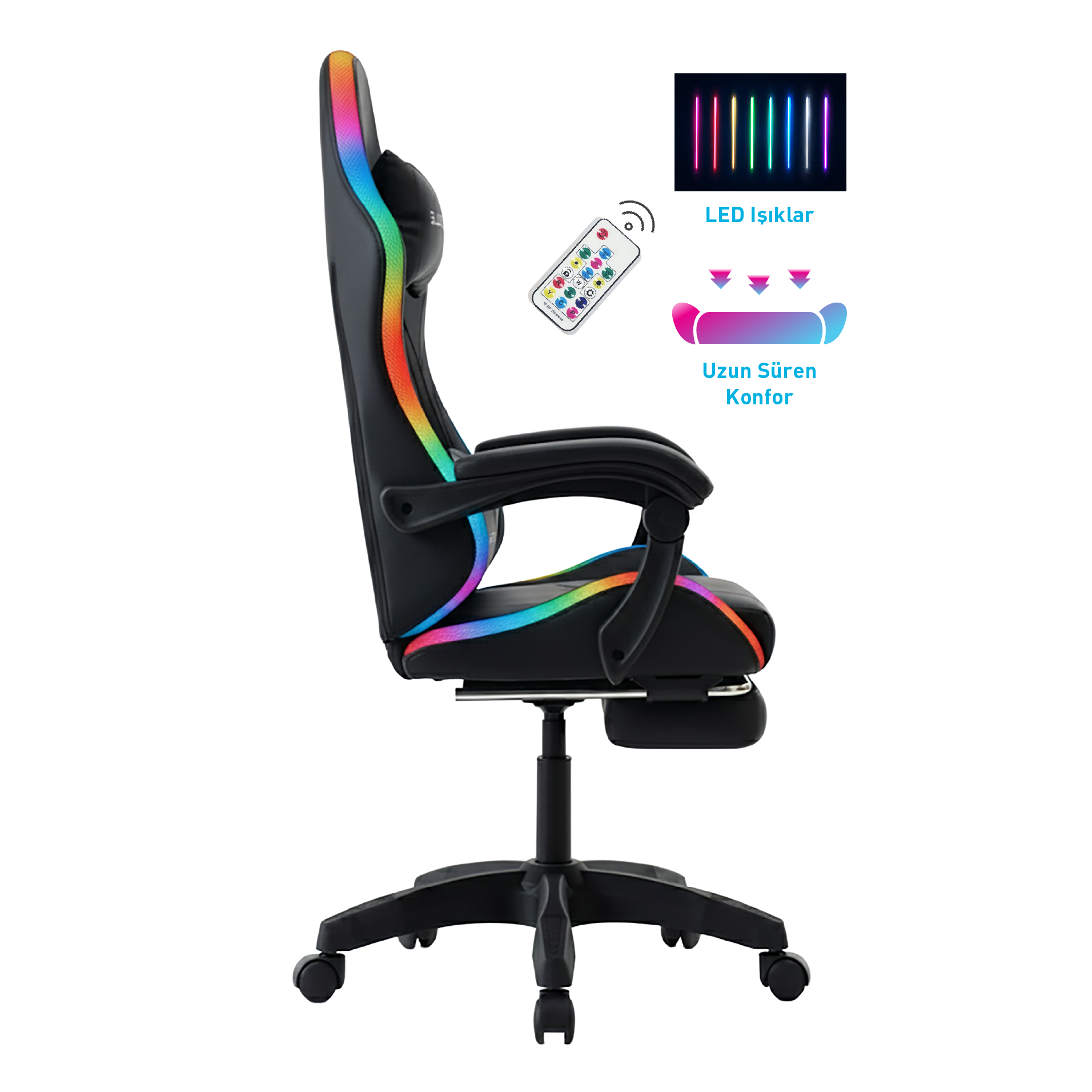 RGB aydınlatmalı, kumandalı, siyah oyuncu koltuğu, ayak dayama.