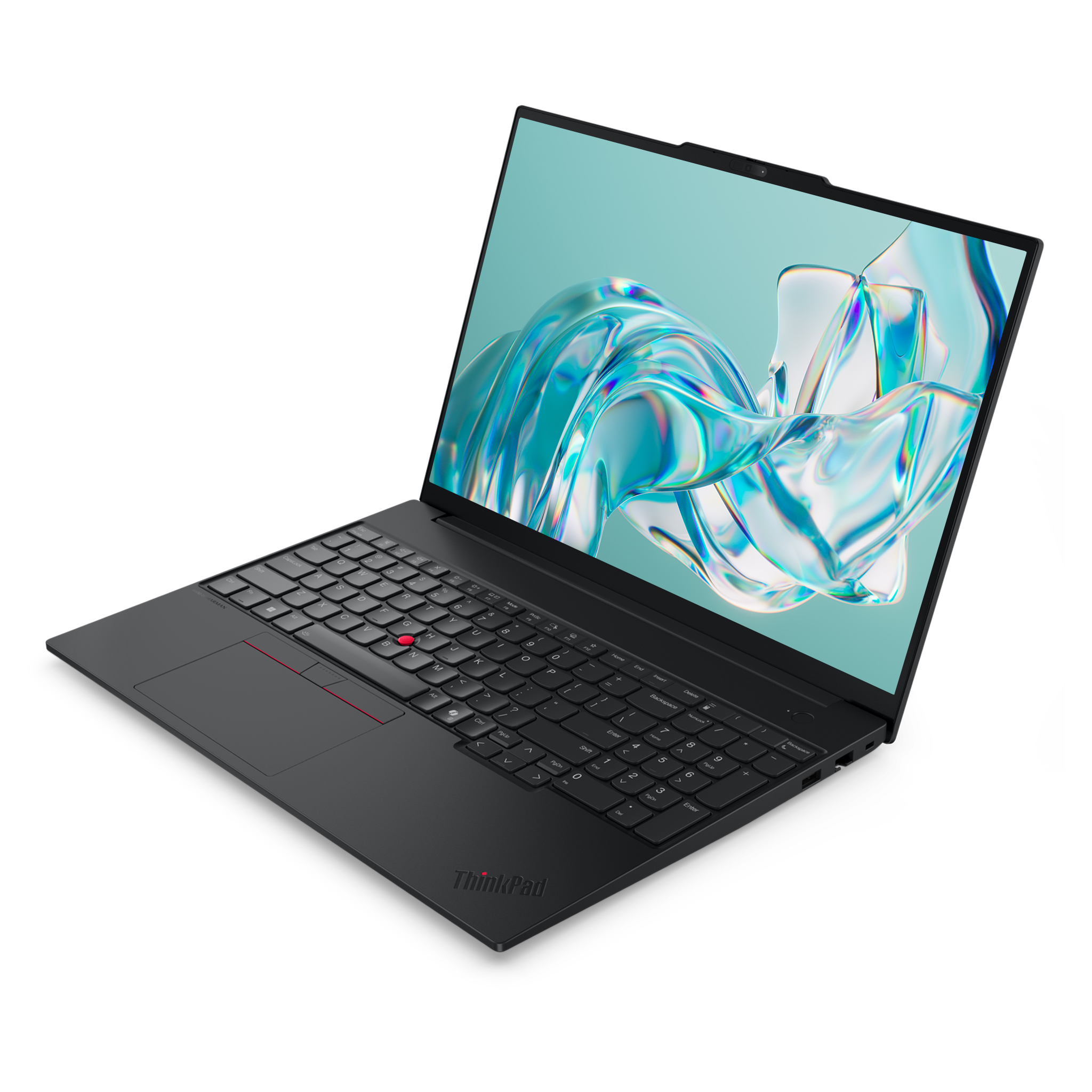 Beyaz arka planda açık siyah bir ThinkPad dizüstü bilgisayar, ekranı açık.
