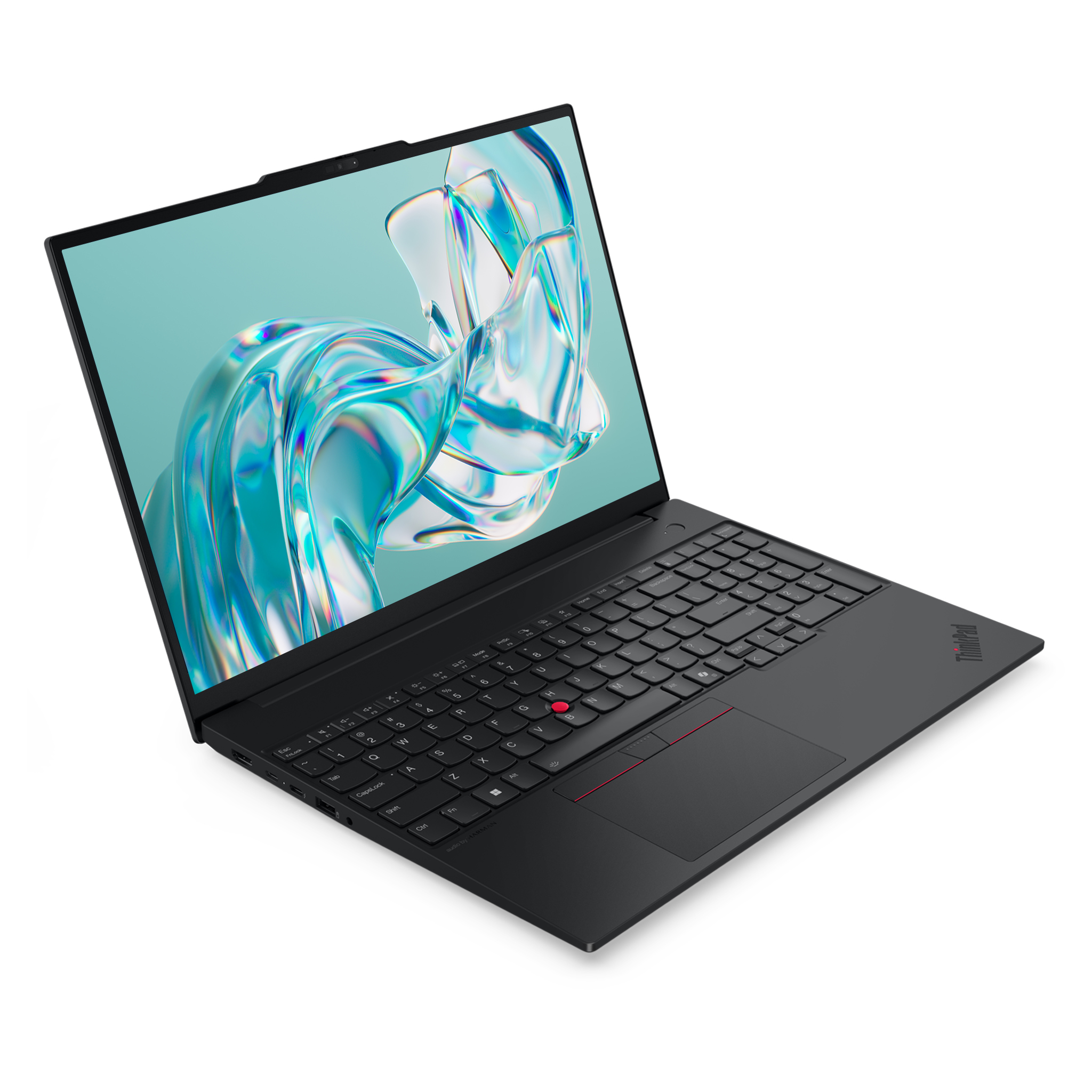 Açık siyah ThinkPad dizüstü bilgisayar, soyut mavi beyaz tasarımlı klavye ve ekranı gösteriyor.