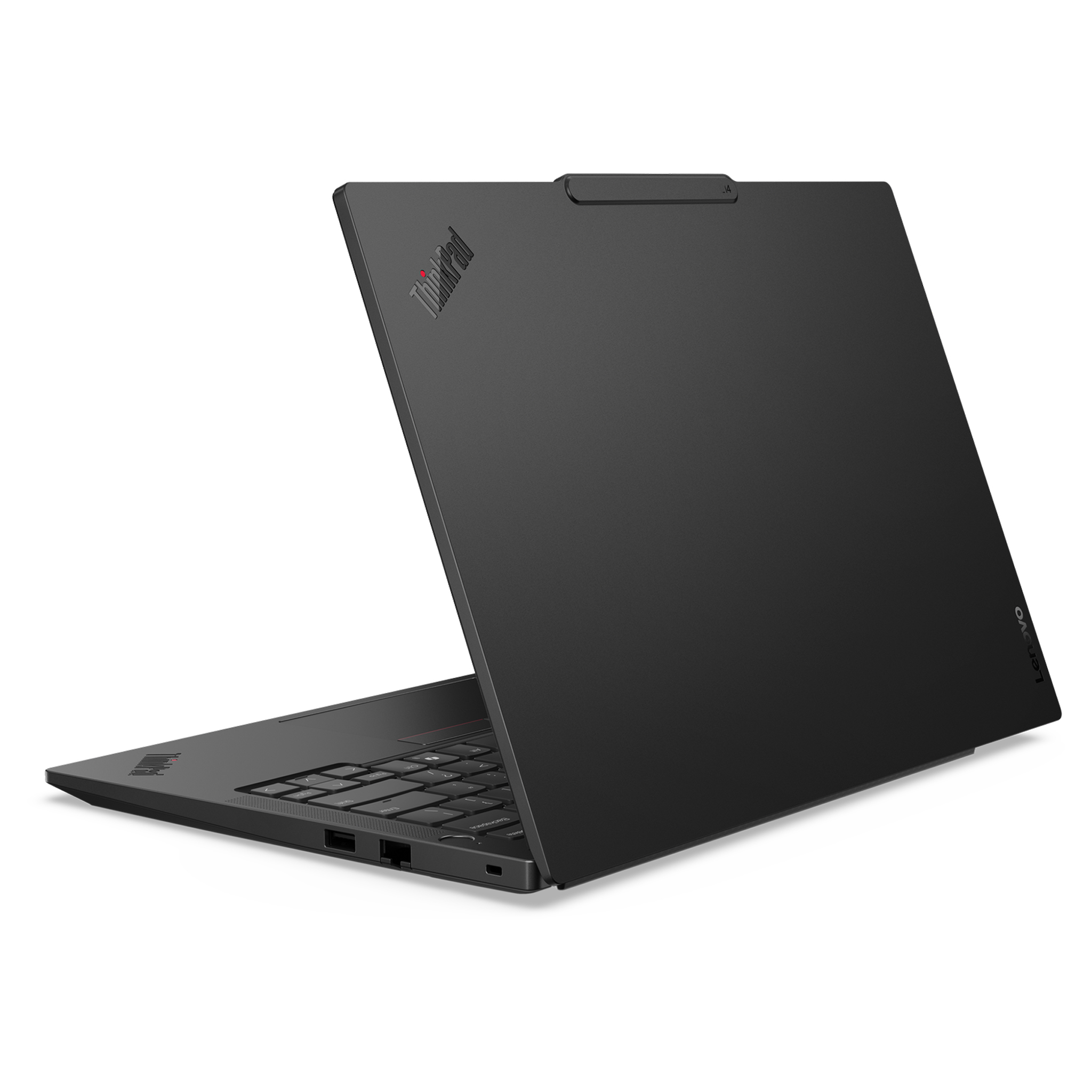 Açık siyah Lenovo ThinkPad dizüstü bilgisayar, yan görünüm.
